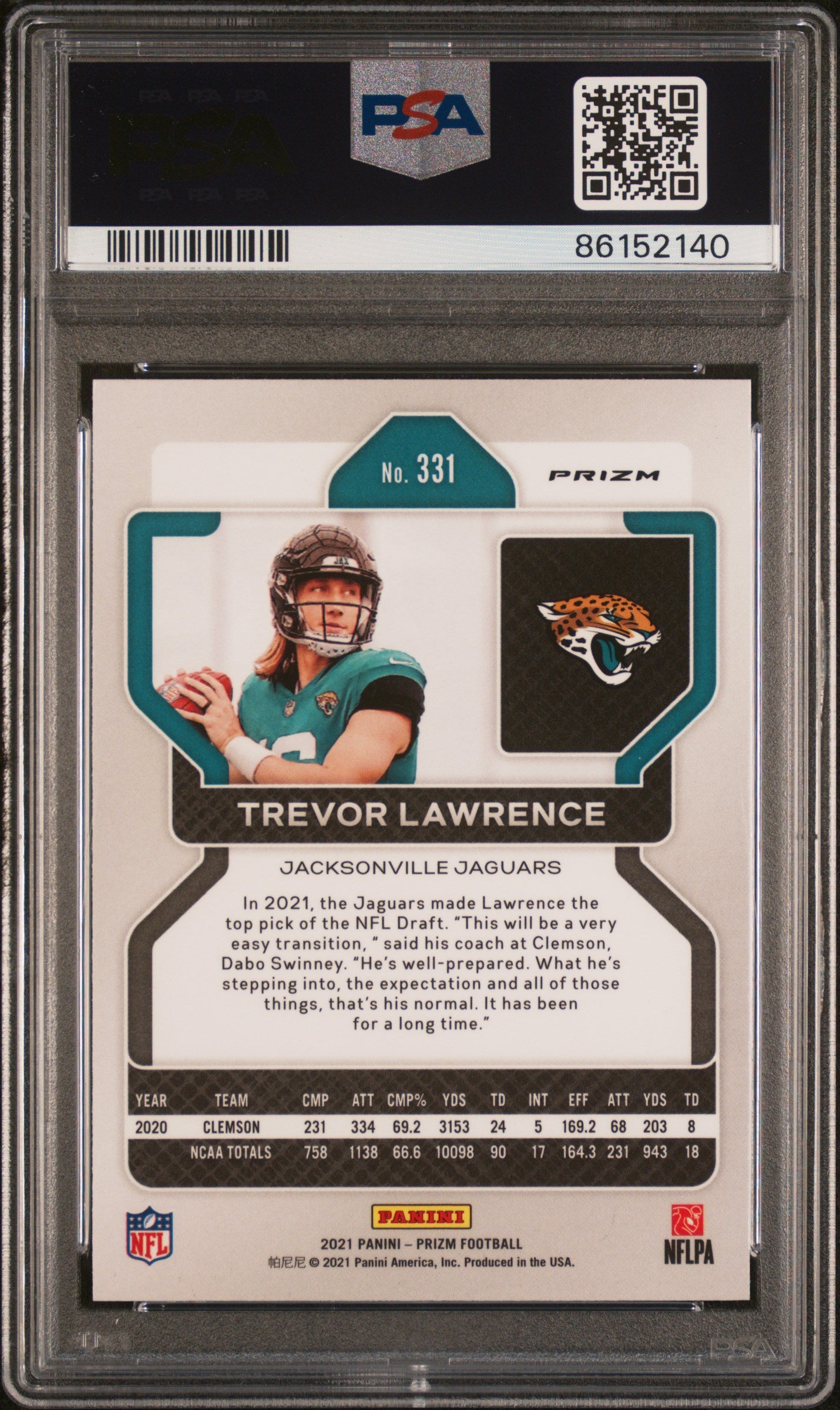 2021 Panini Prizm Trevor Lawrence Green Rookie 331 PSA 9 MT Jacksonville Jaguars
