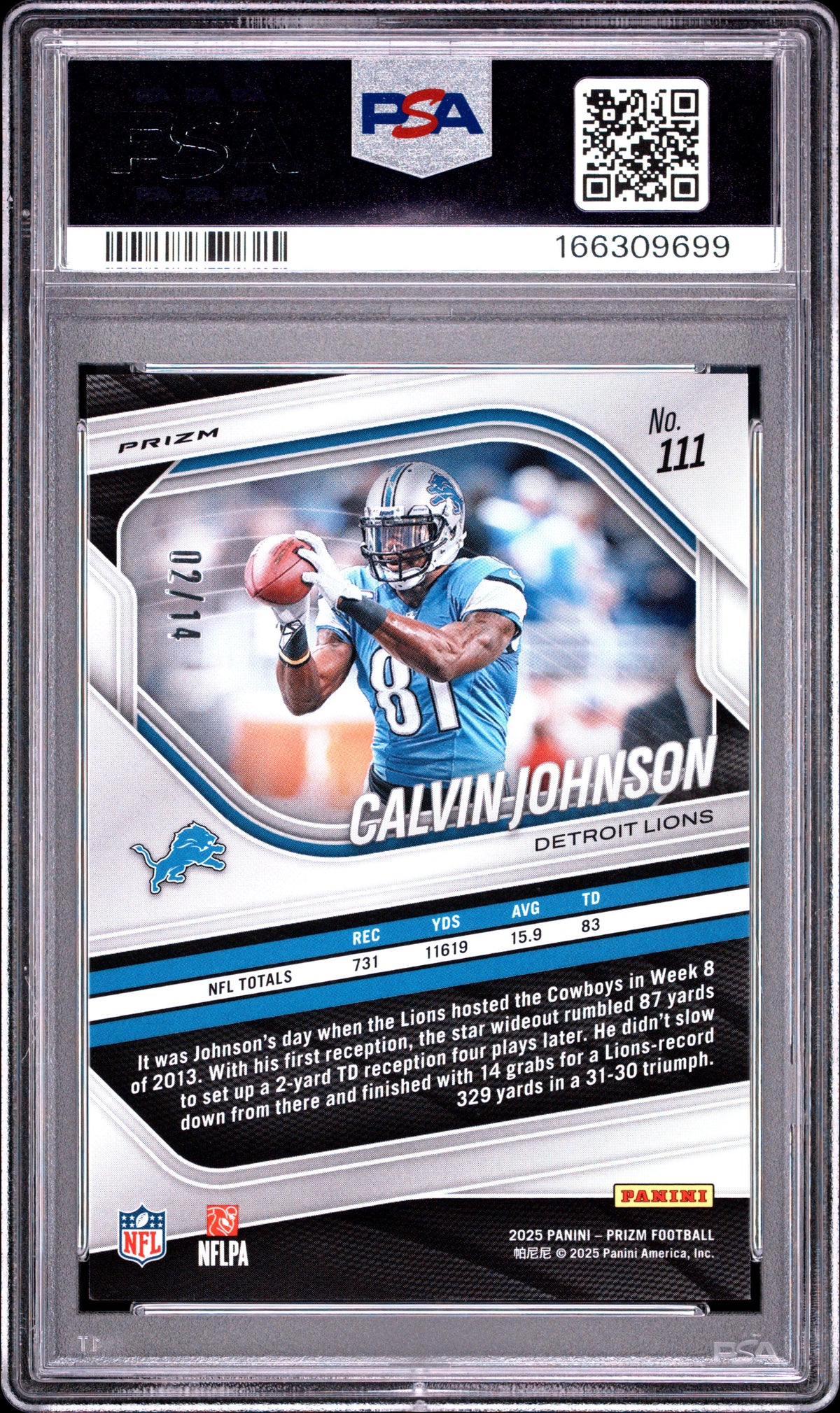 2025 Panini Prizm Calvin Johnson Blue Choice /14 #111 PSA 9