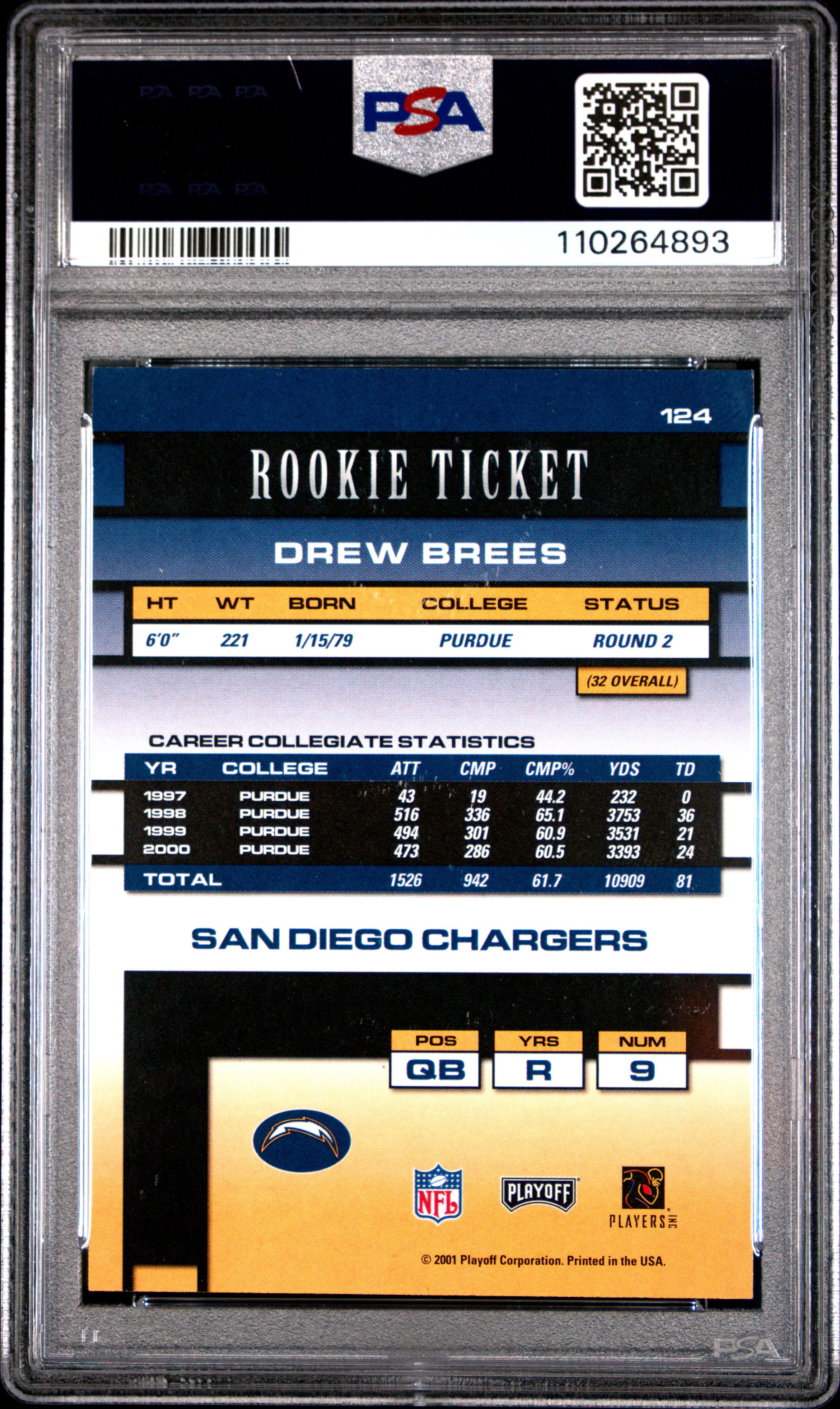 2001 Playoff Contenders Drew Brees Autographed #124 PSA 7