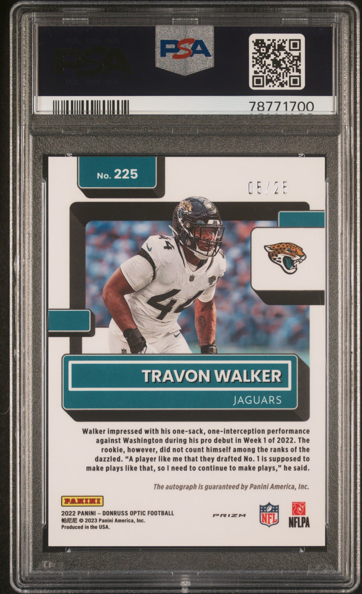 2022 Panini Donruss Optic Travon Walker Autograph Black Pandora #225 PSA 10