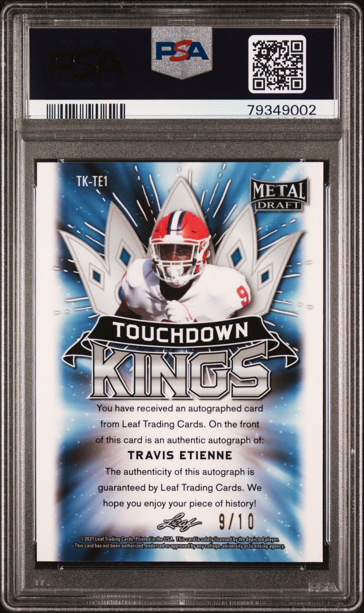 2021 Leaf Metal Draft Touchdown Kings Auto Travis Etienne Pink Wave PSA 10
