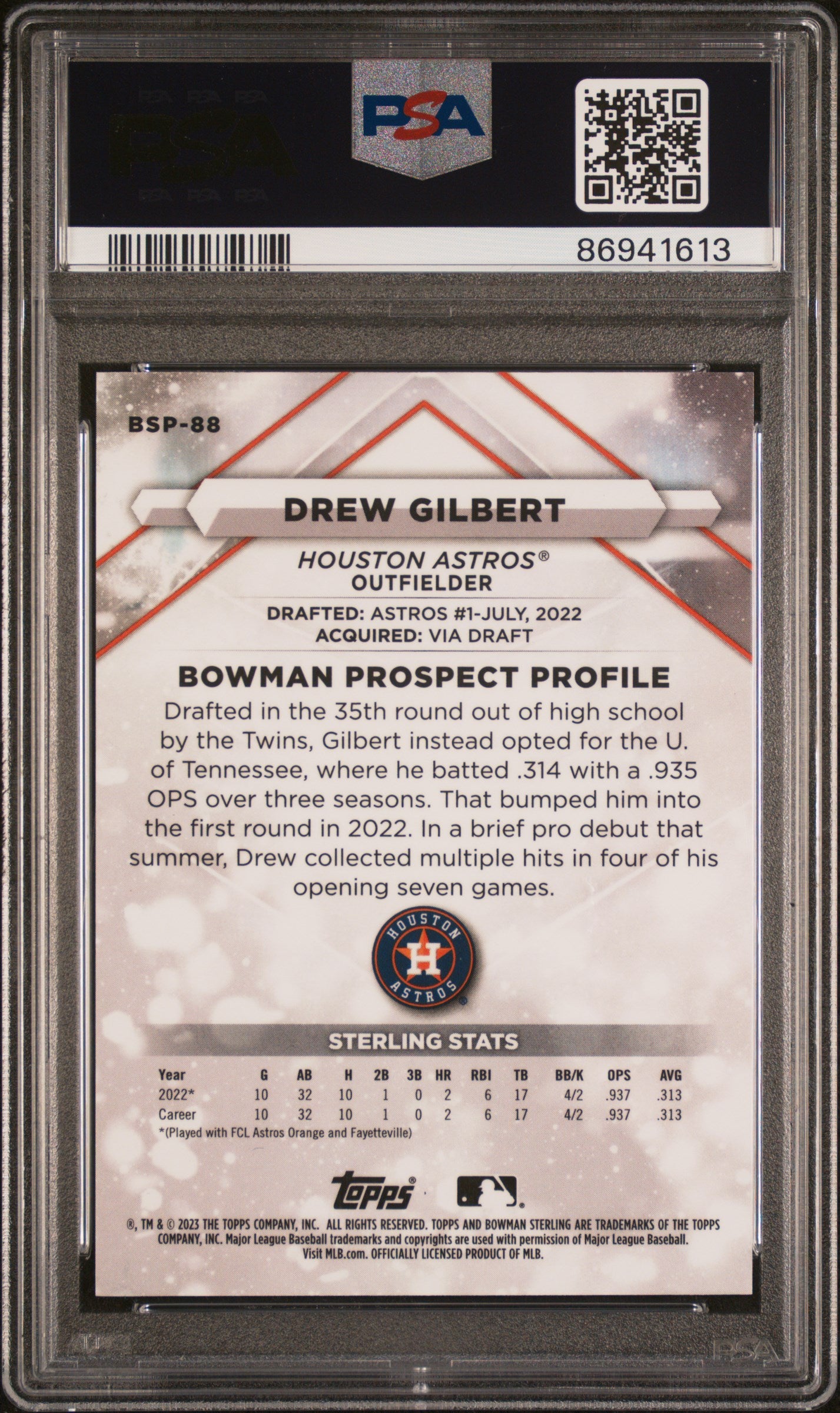 2023 Bowman Sterling Drew Gilbert Blue Refractor 15/25  PSA 9 Houston Astros