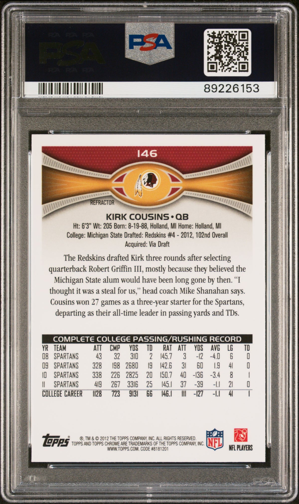 2012 Topps Chrome Kirk Cousins X Fractor #146 PSA 10