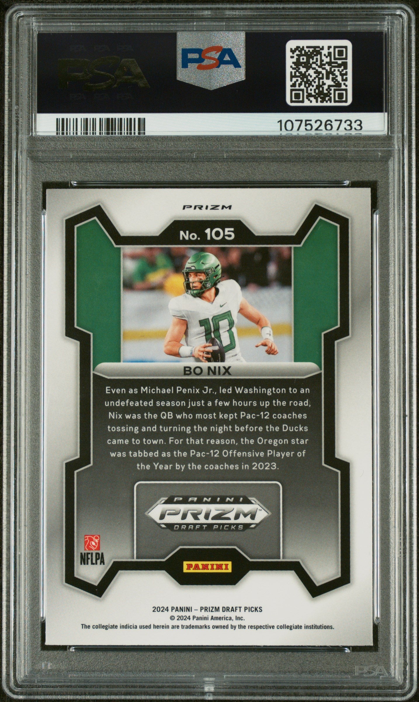 2024 Panini Prizm Draft Picks Bo Nix Purple Wave #105 PSA 9 MINT Rookie