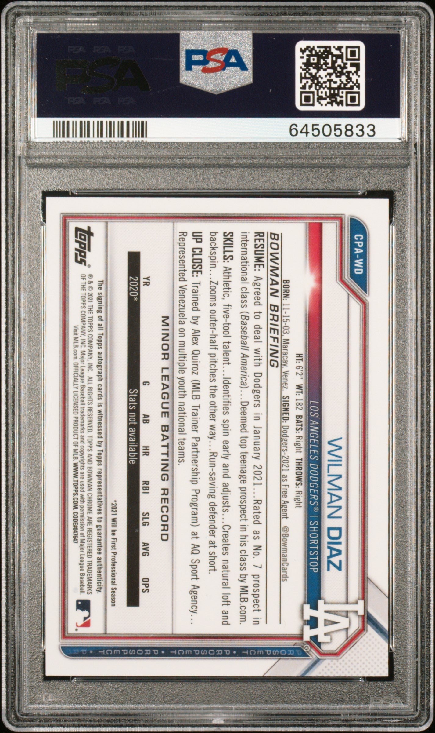 2021 Bowman Chrome Prospect Autographs Wilman Diaz Gold Refractor 11/50 PSA 9