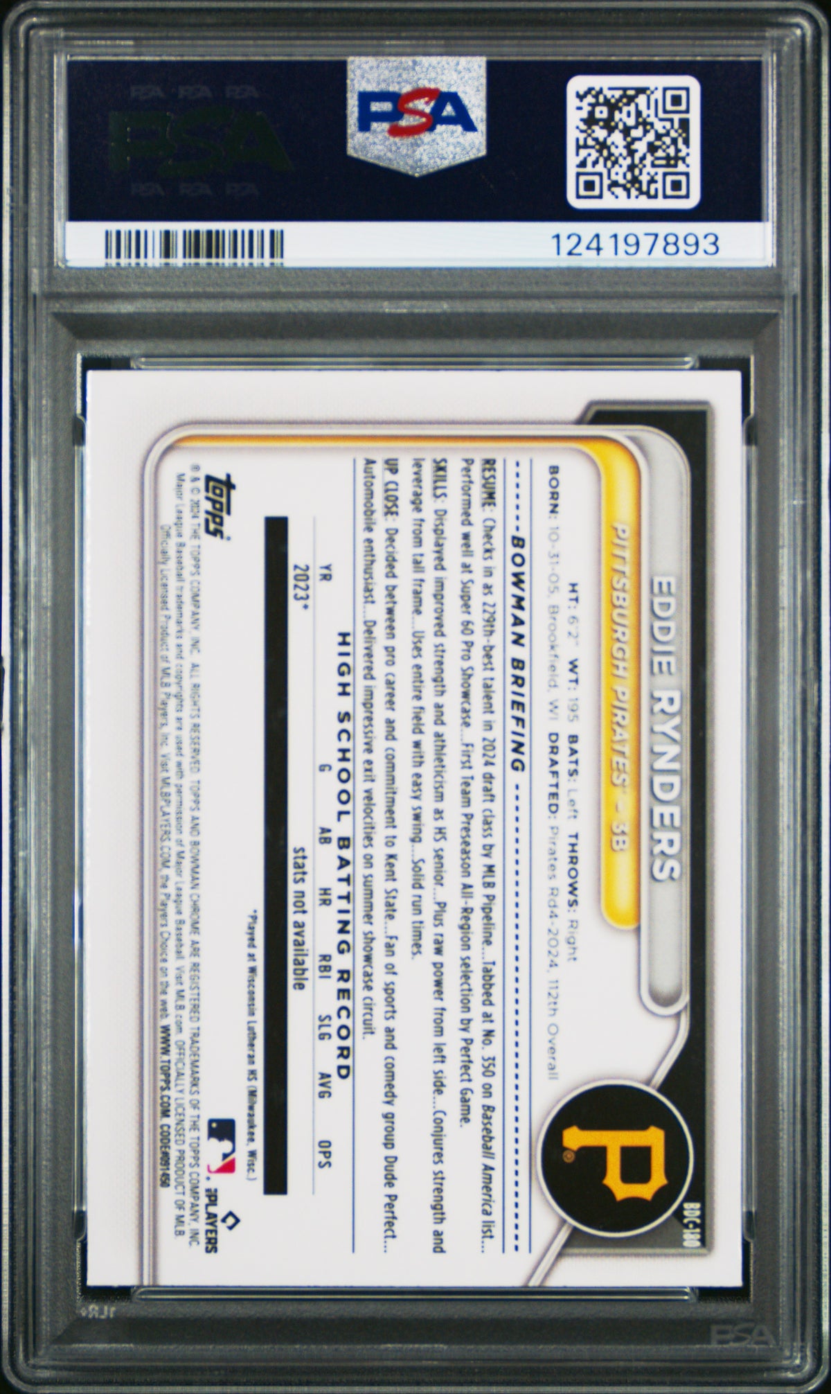 2024 Bowman Draft Eddie Rynders CHR Aqua Lunar Crater 056/125 PSA 10 GEM MINT