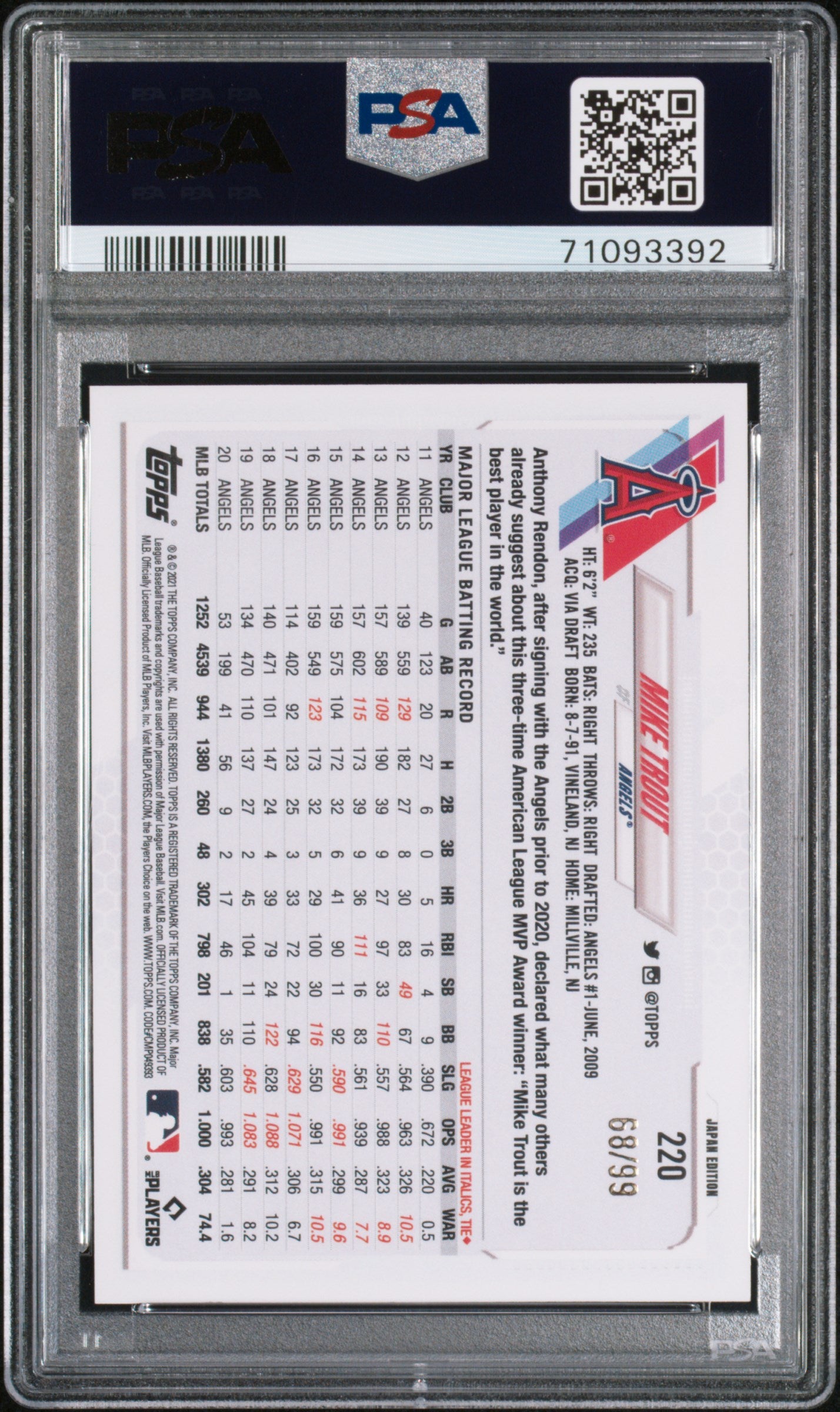 2021 Topps Japan Edition Mike Trout Cherry Blossoms 68/99 #220 PSA 10 Angels