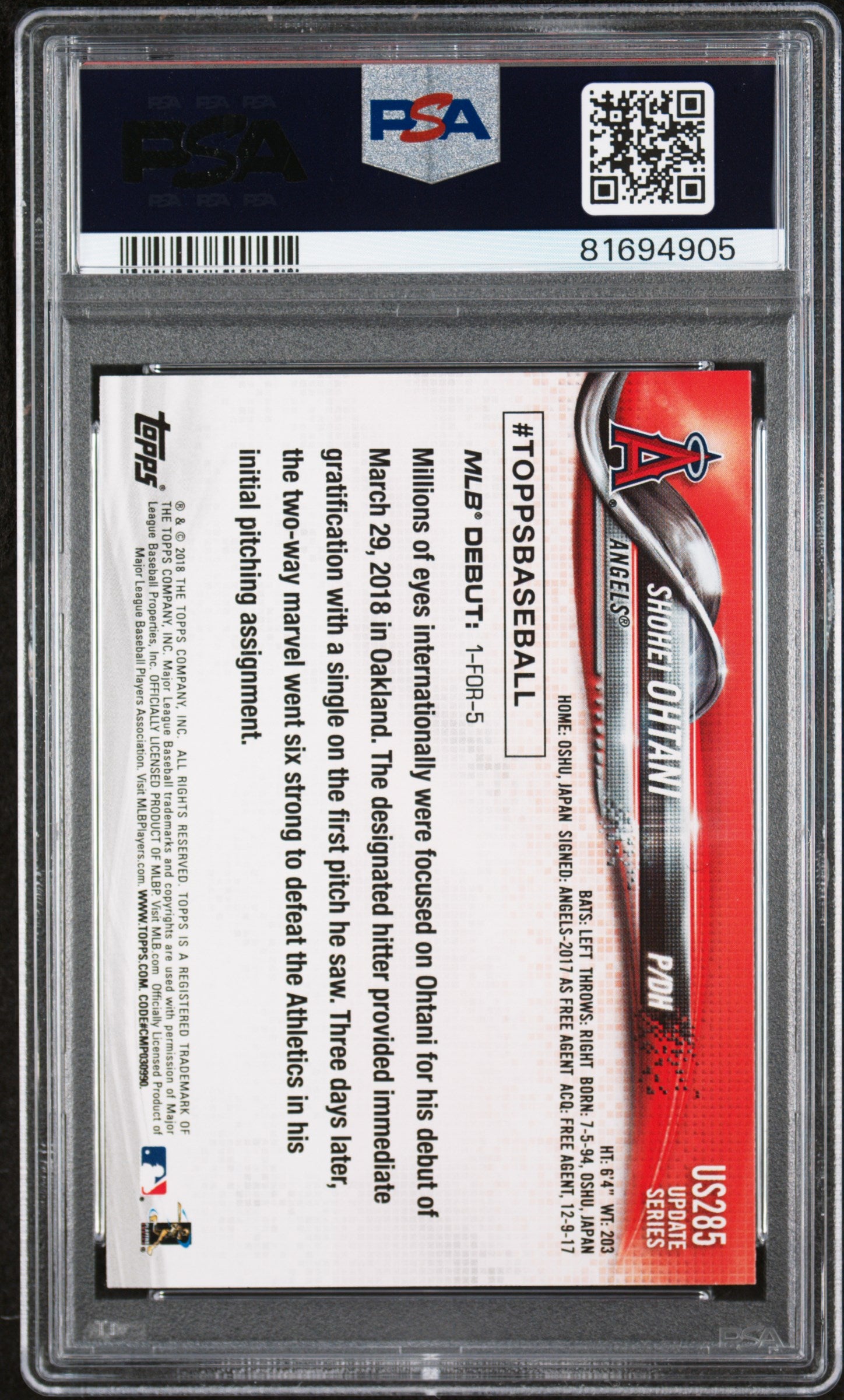 2018 Topps Update Shohei Ohtani #US285 PSA 8