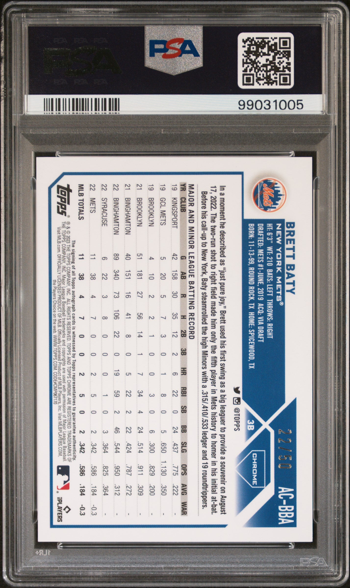 2023 Topps Chrome Update Autograph Brett Baty Gold Refractor #ACBBA PSA 9