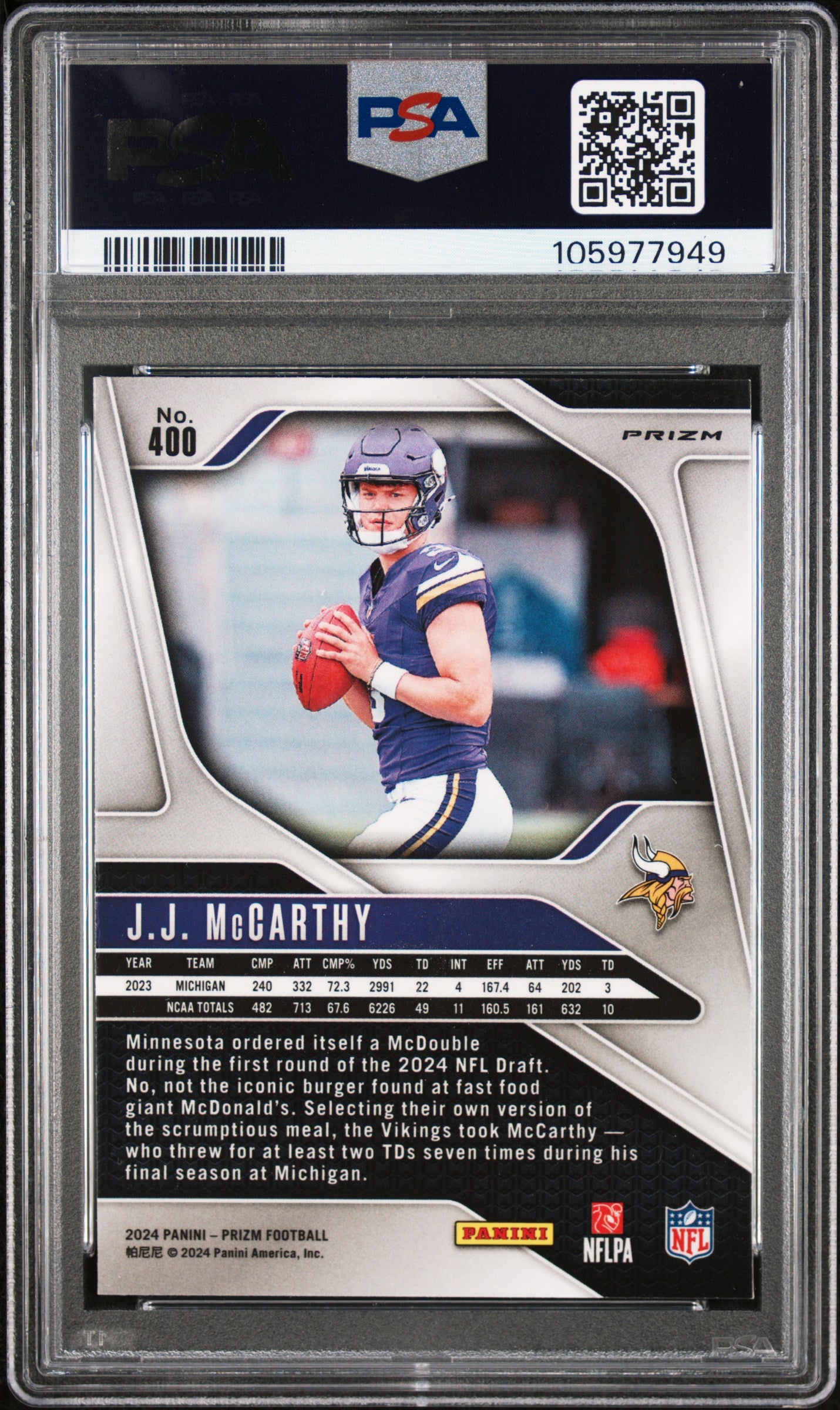 2024 Panini Prizm JJ Mccarthy Lazer Rookie #400 PSA 9 Minnesota Vikings