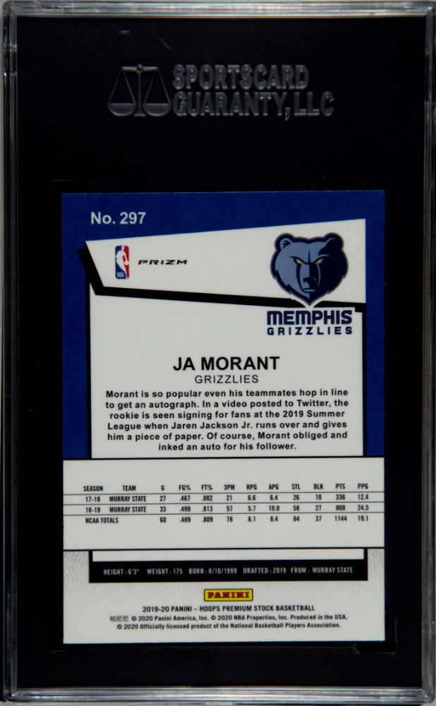 2019 Panini Hoops Premium Stock Ja Morant Tribute Flash Prizm Rookie 297 SGC 9.5