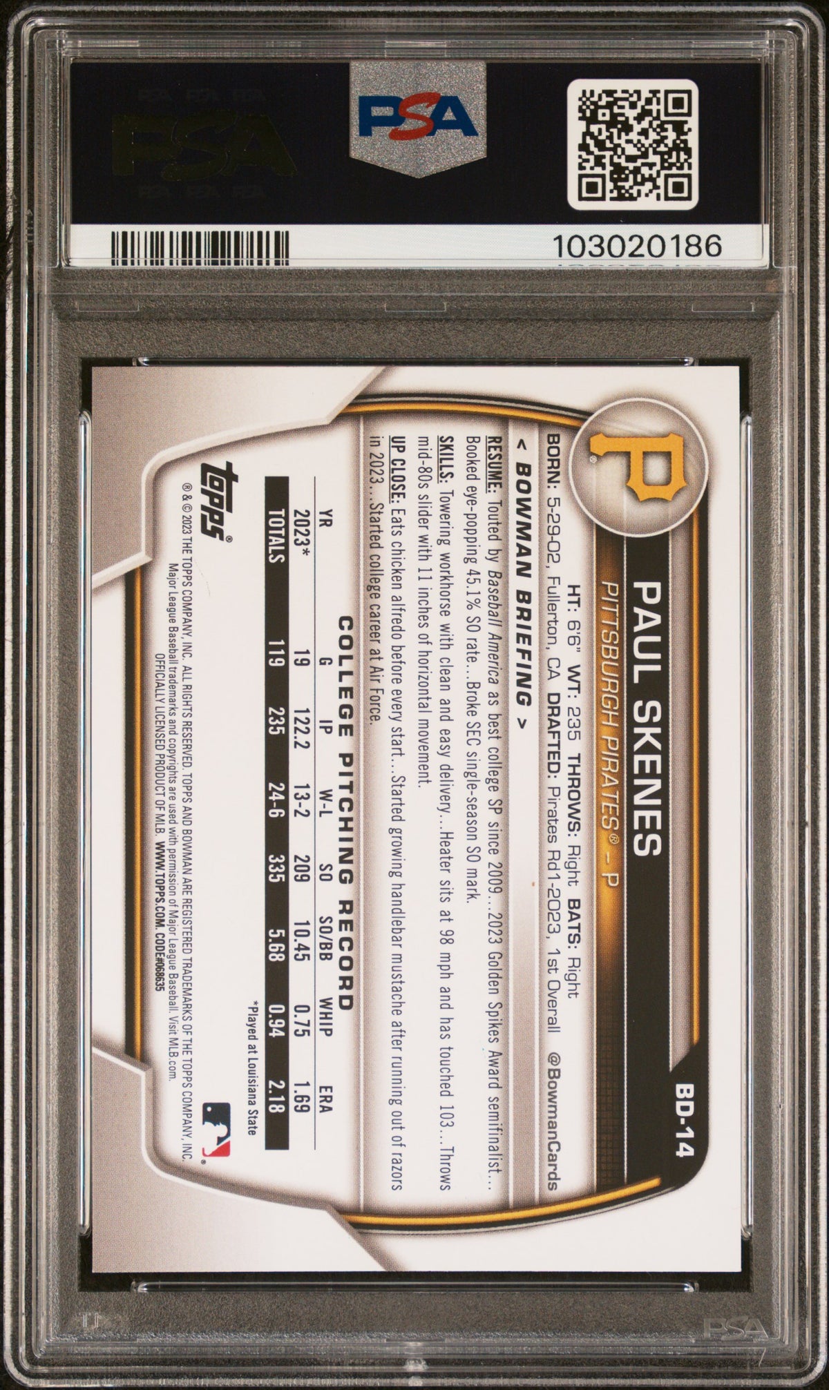 2023 Bowman Draft Paul Skenes #BD14 PSA 10