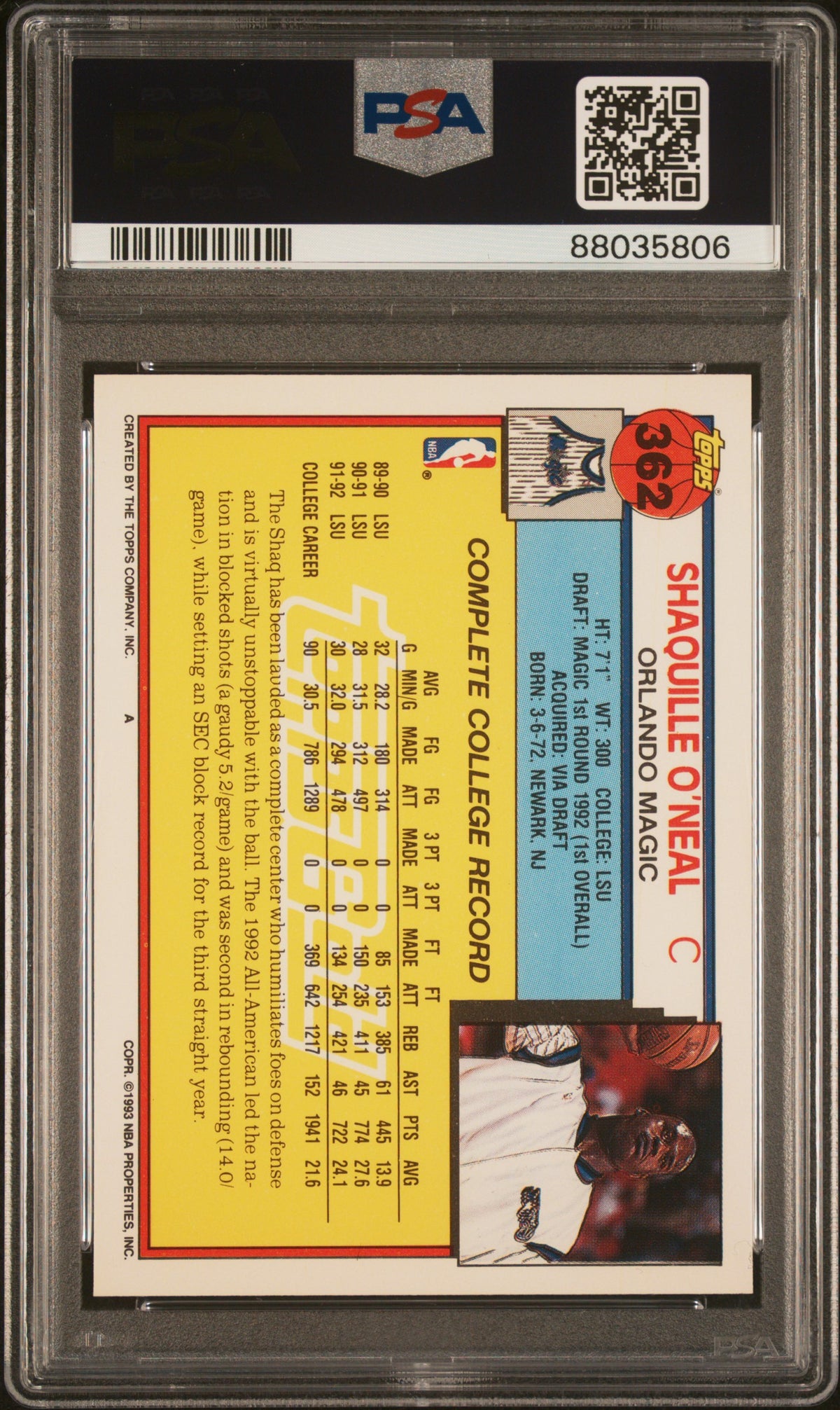 1992 Topps Gold Shaquille O'Neal Sticker #362 PSA 9 MINT Orlando Magic