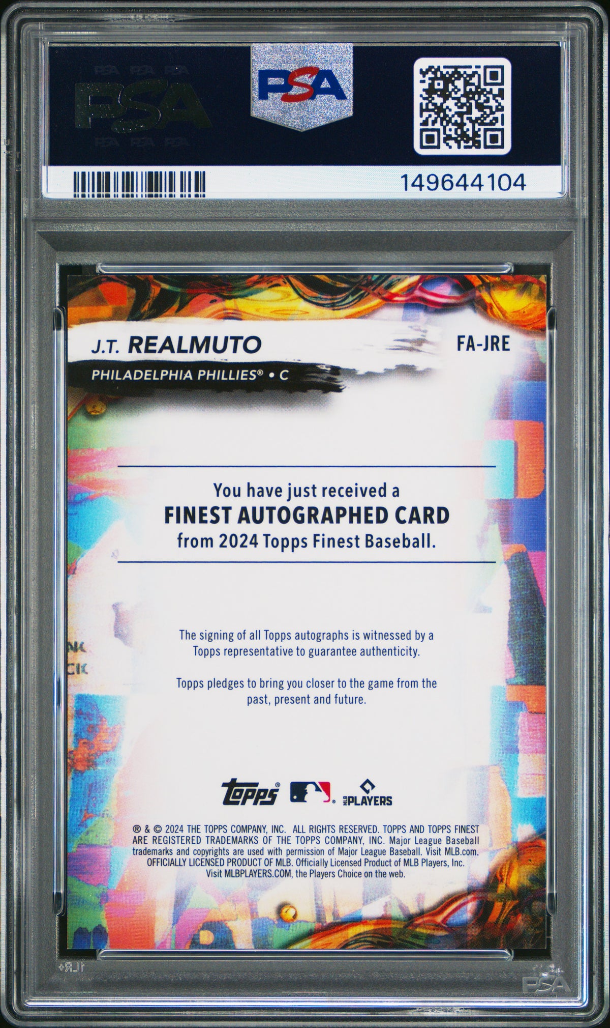 2024 Topps Finest Autographs JT Realmuto Gold Refractor 17/50 #FAJRE PSA 10