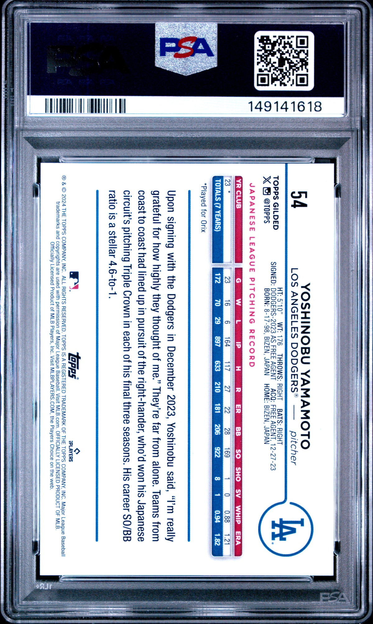 2024 Topps Gilded Collection Yoshinobu Yamamoto 80/95 #54 PSA 9