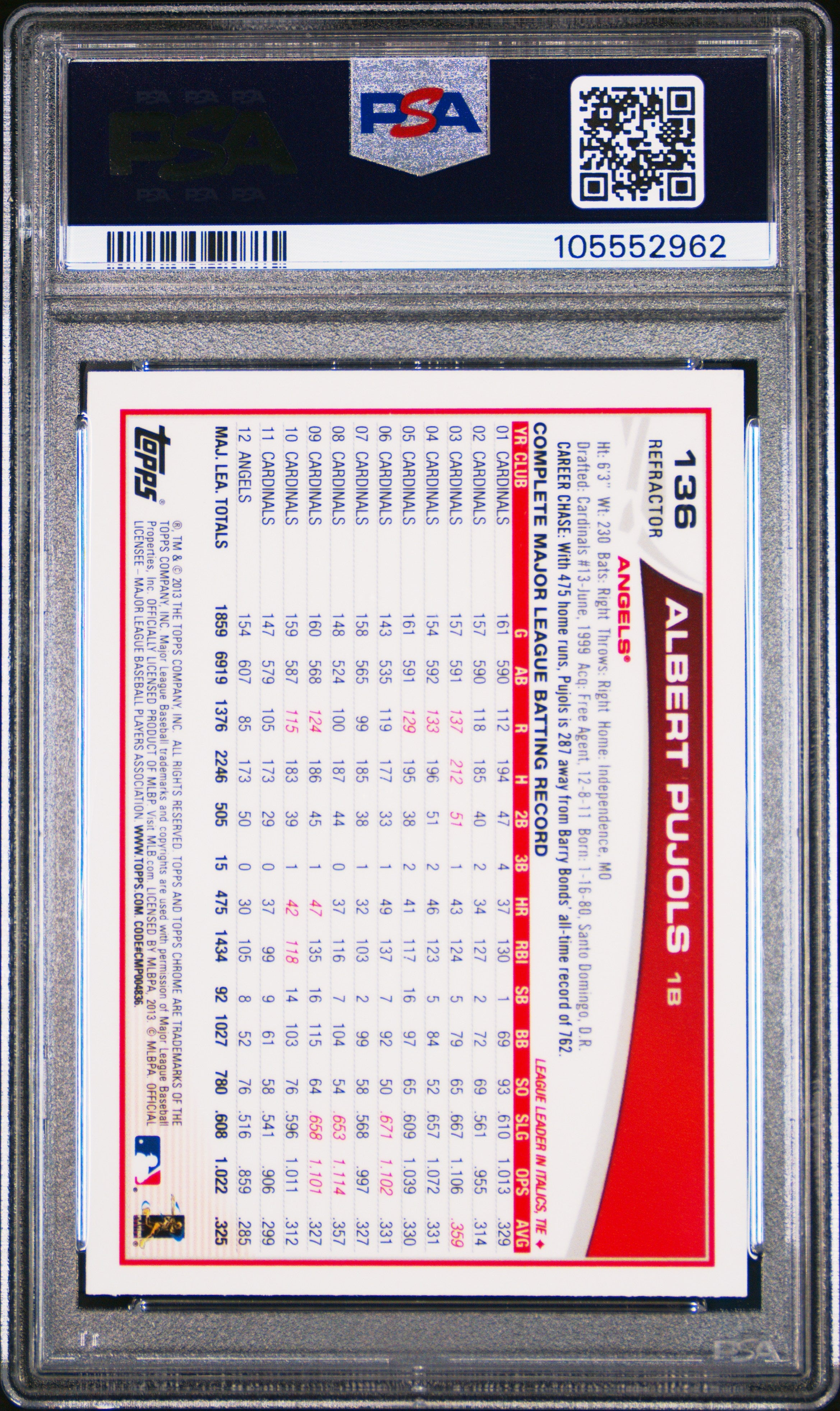 2013 Topps Chrome Albert Pujols Purple Refractor #136 PSA 9