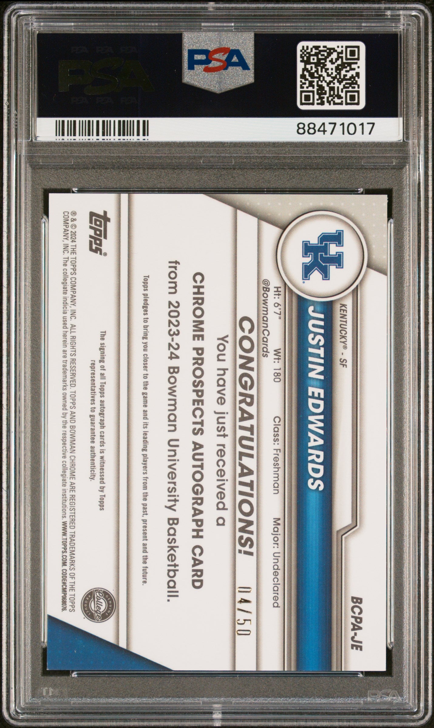 2023 Bowman University Chrome Prospects Autographs Justin Edwards/50 Gold PSA 10