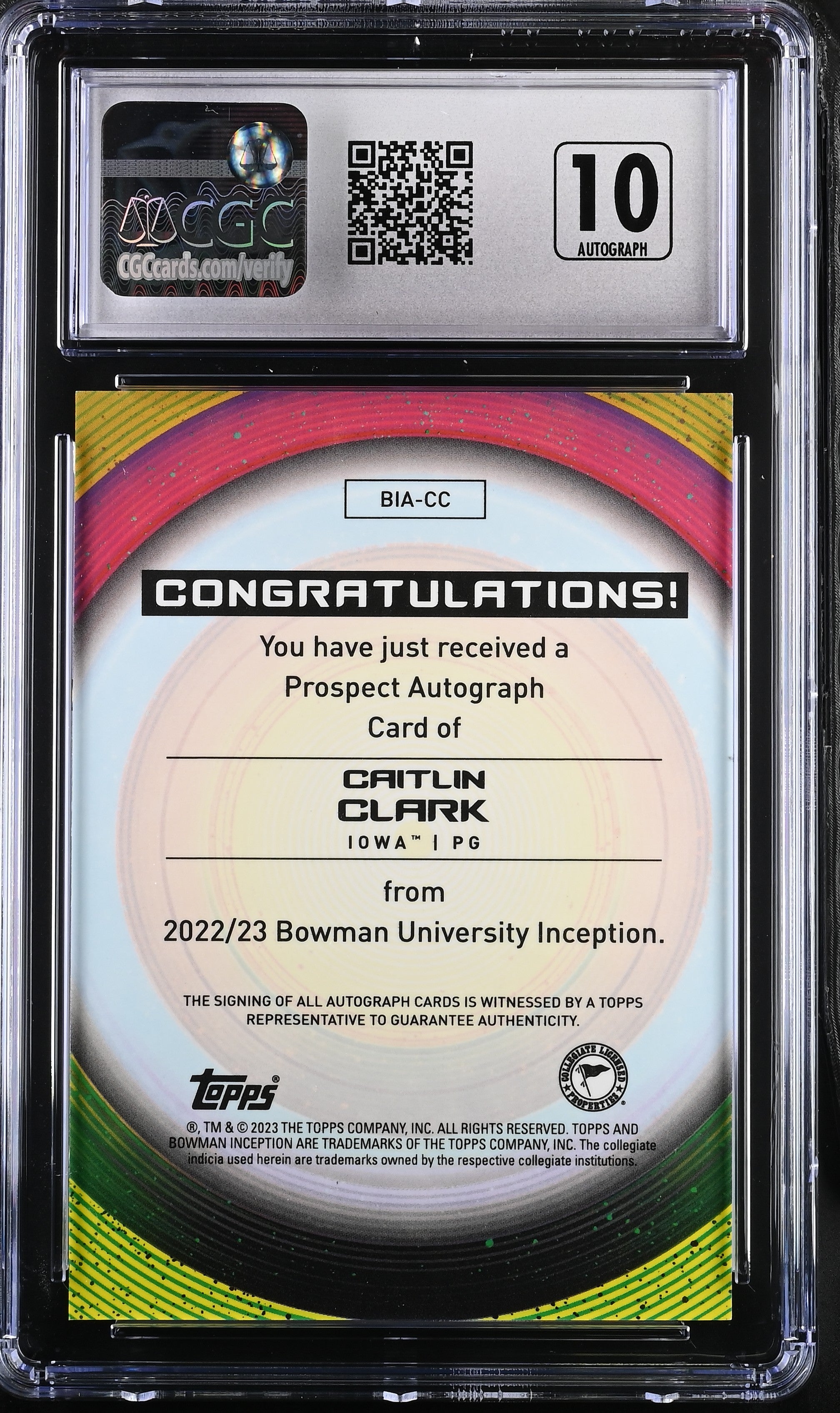 2022-23 Bowman University Inception Caitlin Clark Auto CGC 10 Rookie GEM MINT
