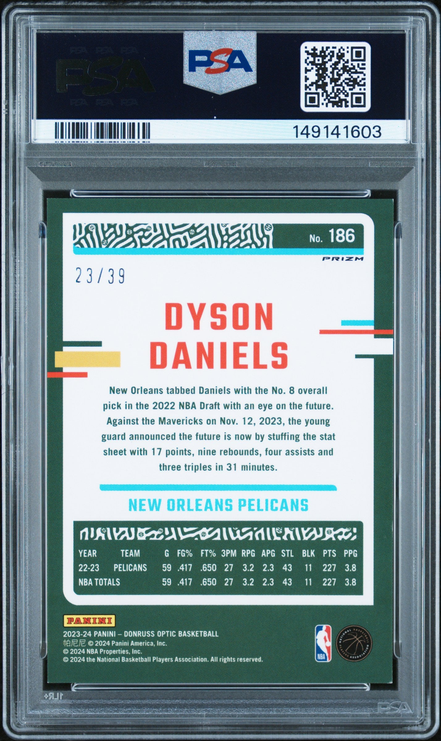 2023 Panini Donruss Optic Dyson Daniels Black Velocity 23/39 #186 PSA 9 MINT