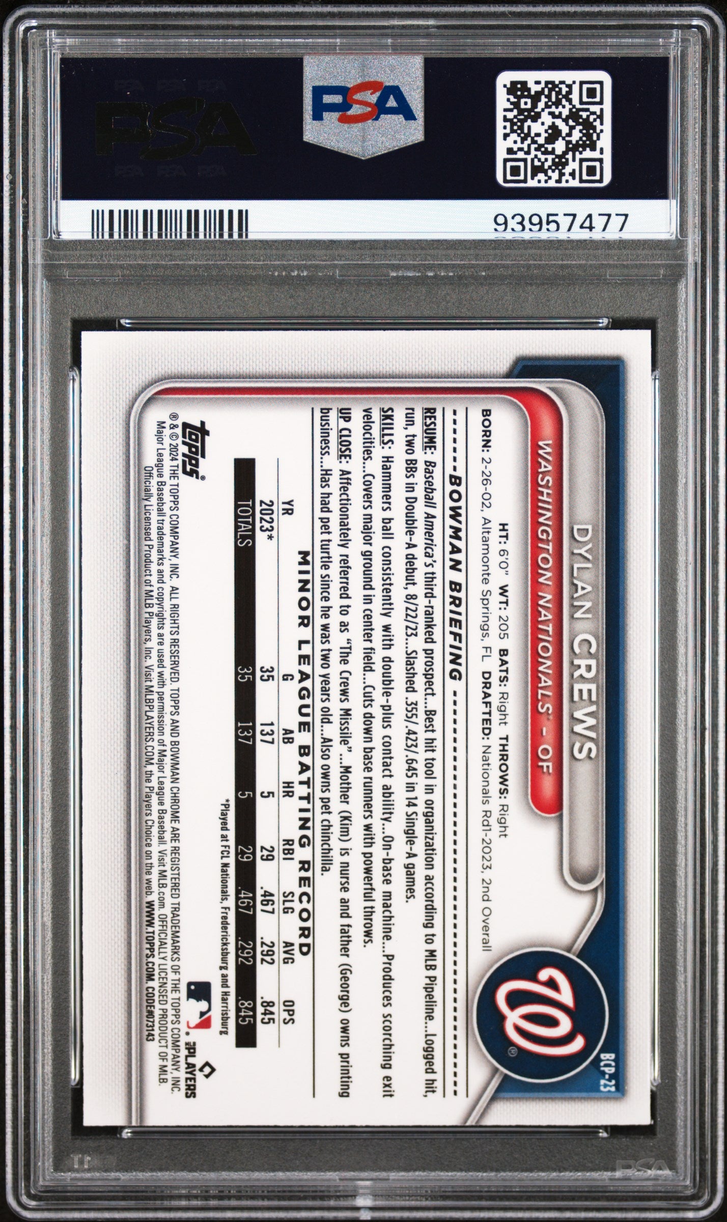 2024 Bowman Chrome Prospects Dylan Crews PRP Raywave #BCP23 PSA 9