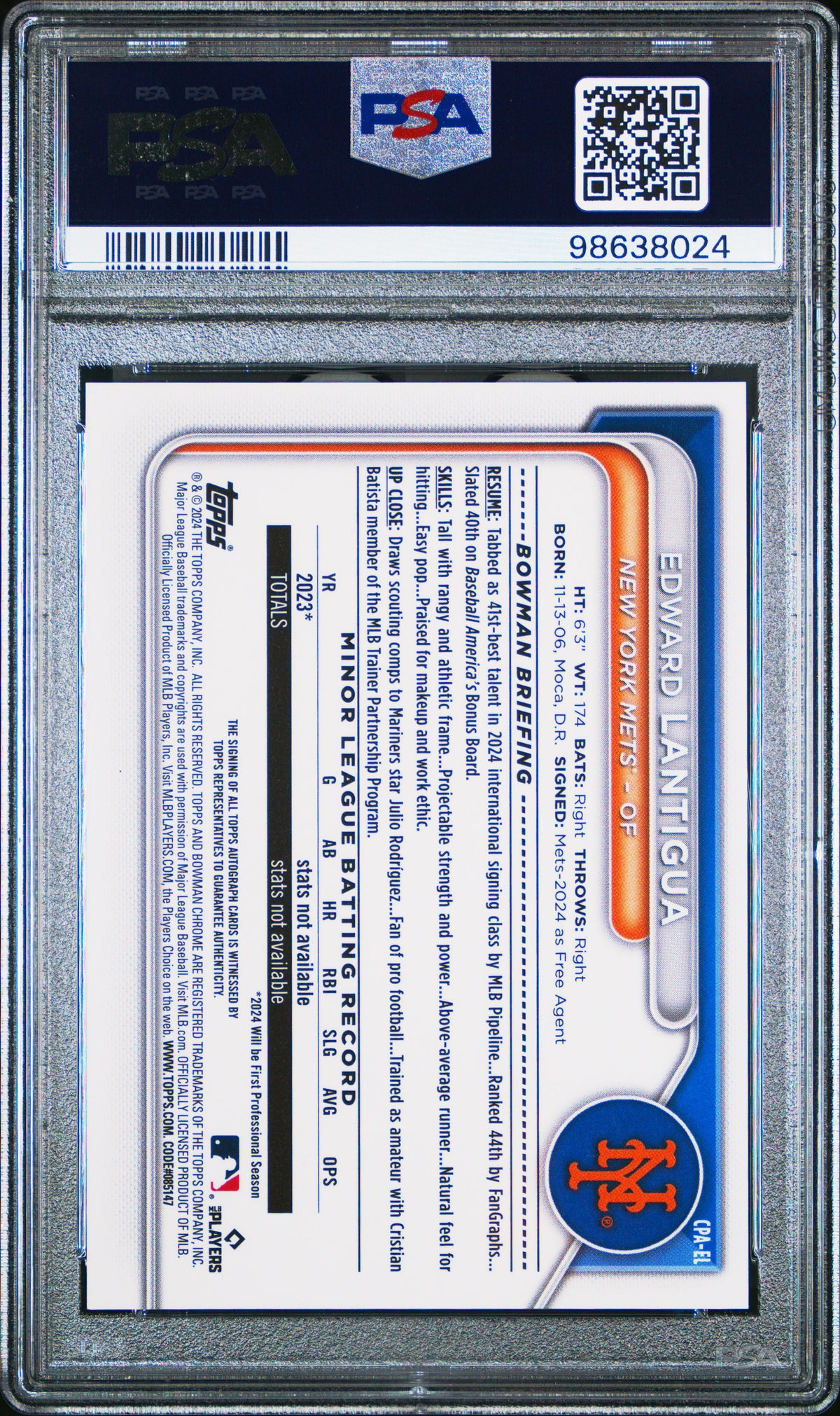 2024 Bowman Chrome Prospect Autographs Edward Lantigua HTA Choice REF /150 PSA 9