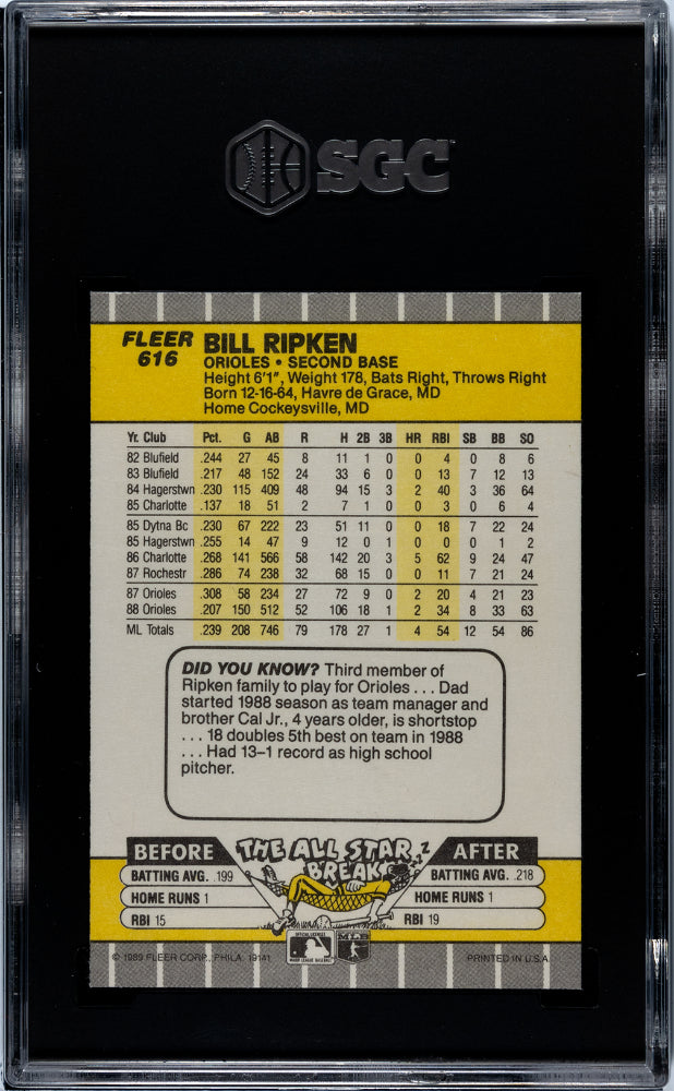 1989 Fleer Bill Ripken Error #616 SGC 7.5 Baltimore Famous F*ck Face Version