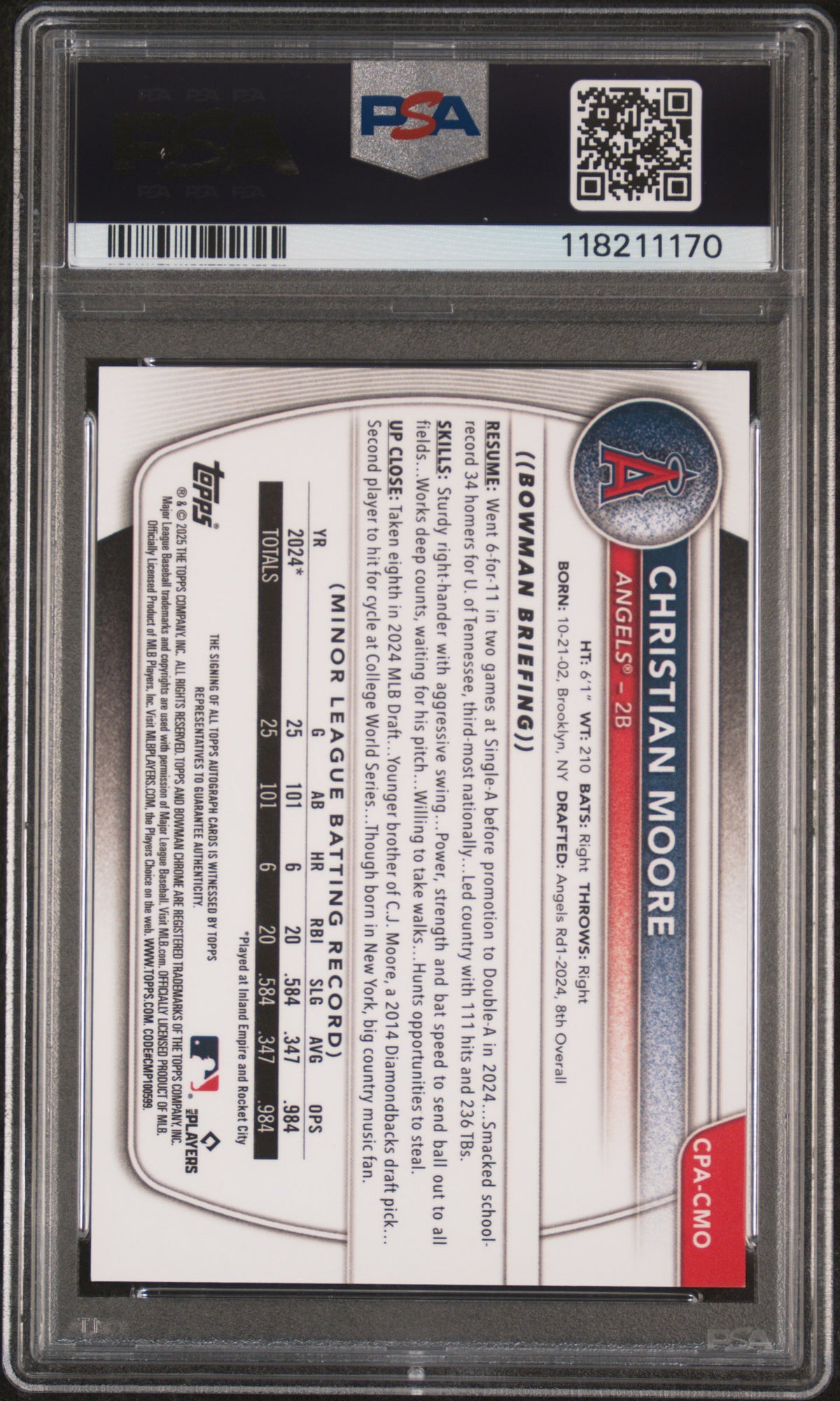 2025 Bowman Chrome Prospect Autographs Christian Moore Gold Shimmer 17/50 PSA 10