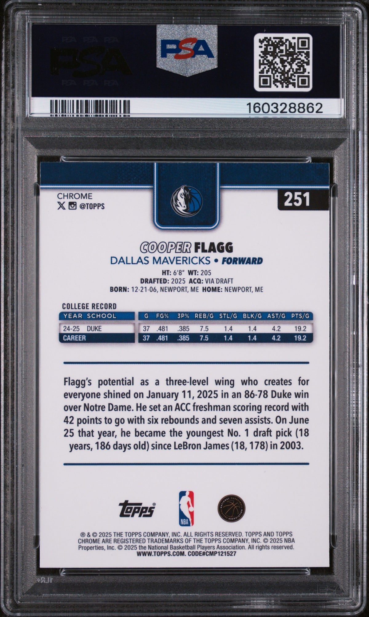 2025 Topps Chrome Cooper Flagg Basketball Refractor #251 PSA 9