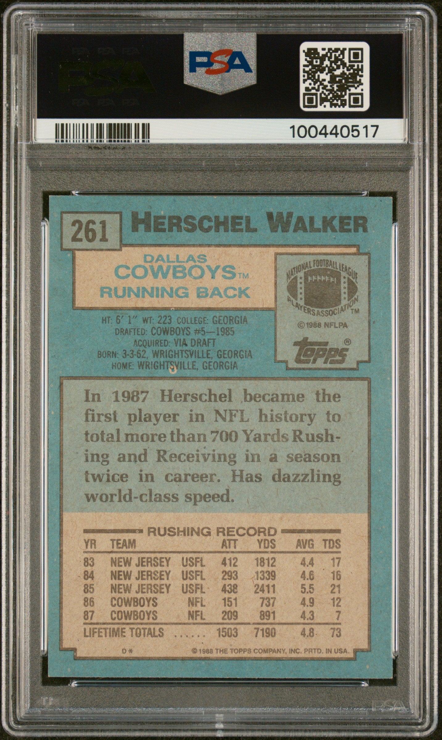 1988 Topps #261 Herschel Walker On Card Auto Dallas Cowboys PSA Authentic