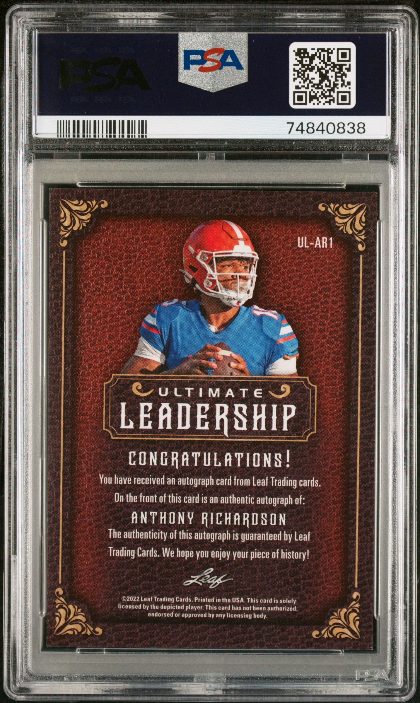 2022 Leaf Ultimate Draft Leadership Autographs Anthony Richardson #AR1 PSA 9