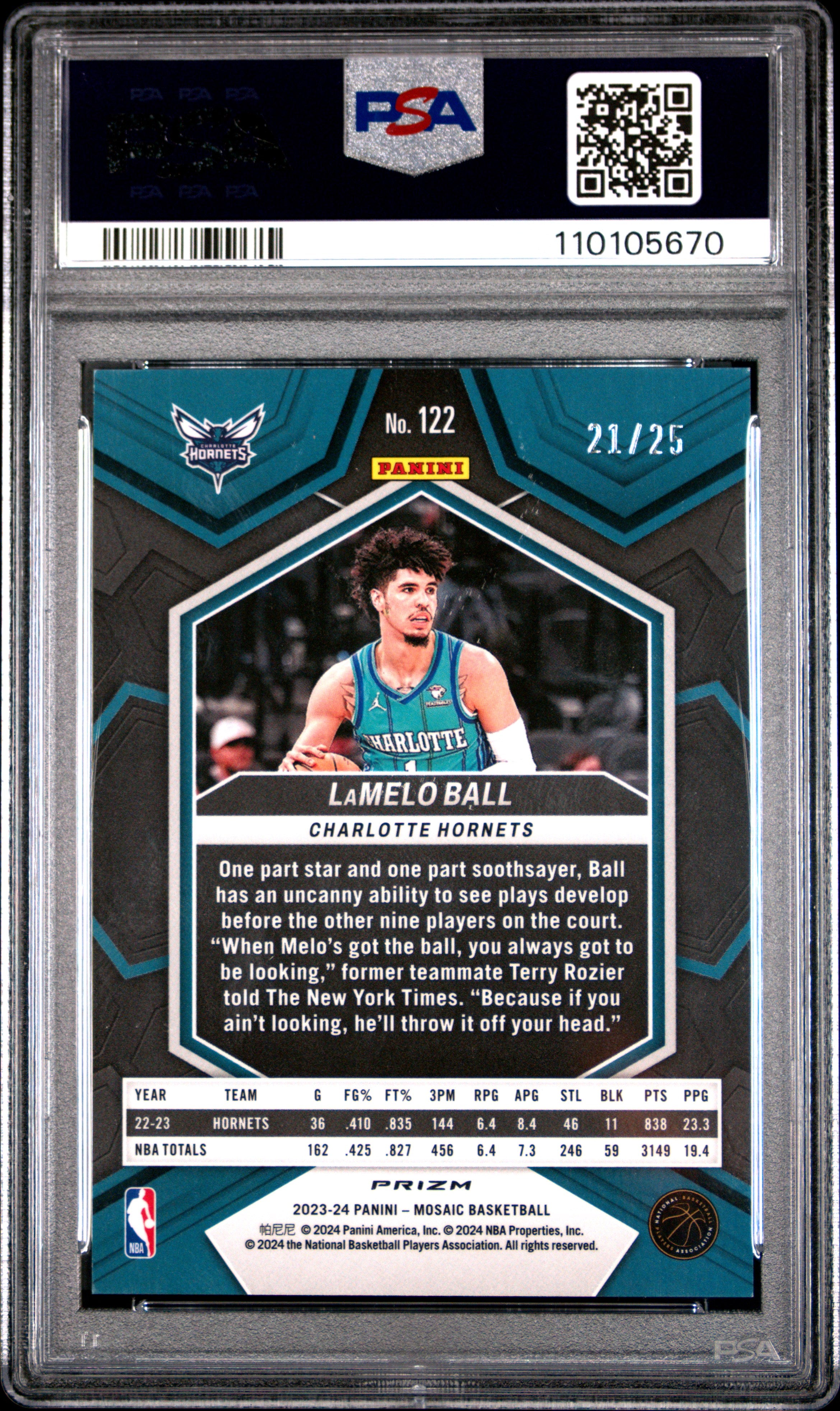 2023 Panini Mosaic Lamelo Ball International Blue 21/25 #122 PSA 10 GEM MINT