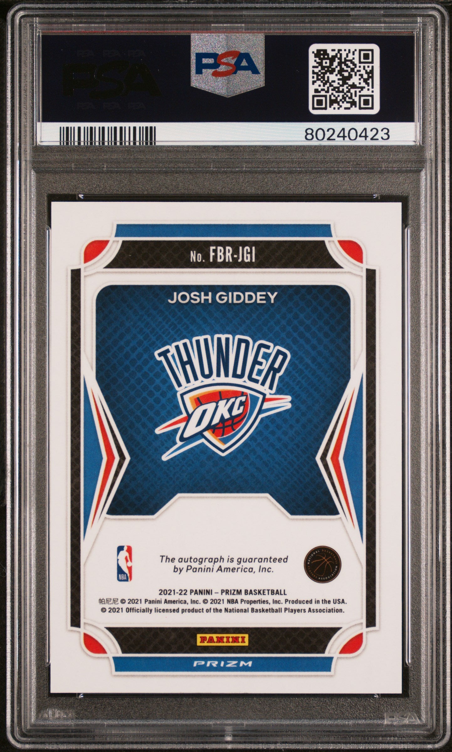 2021 Panini Prizm Fast Break Rookie Auto Josh Giddey Autograph #FBRJGI PSA 9