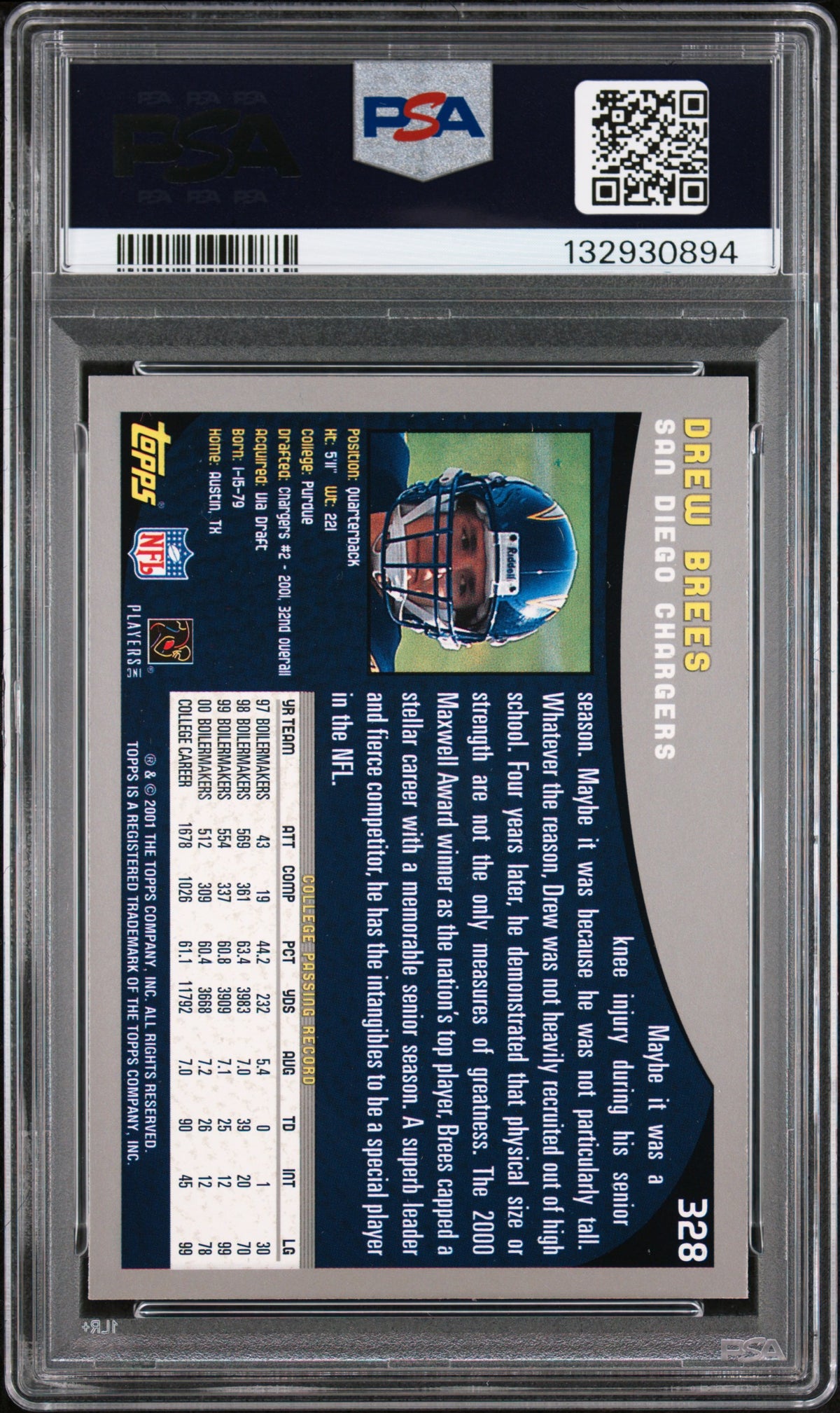 2001 Topps Drew Brees Collection Rookie #328 PSA 9 MINT Chargers