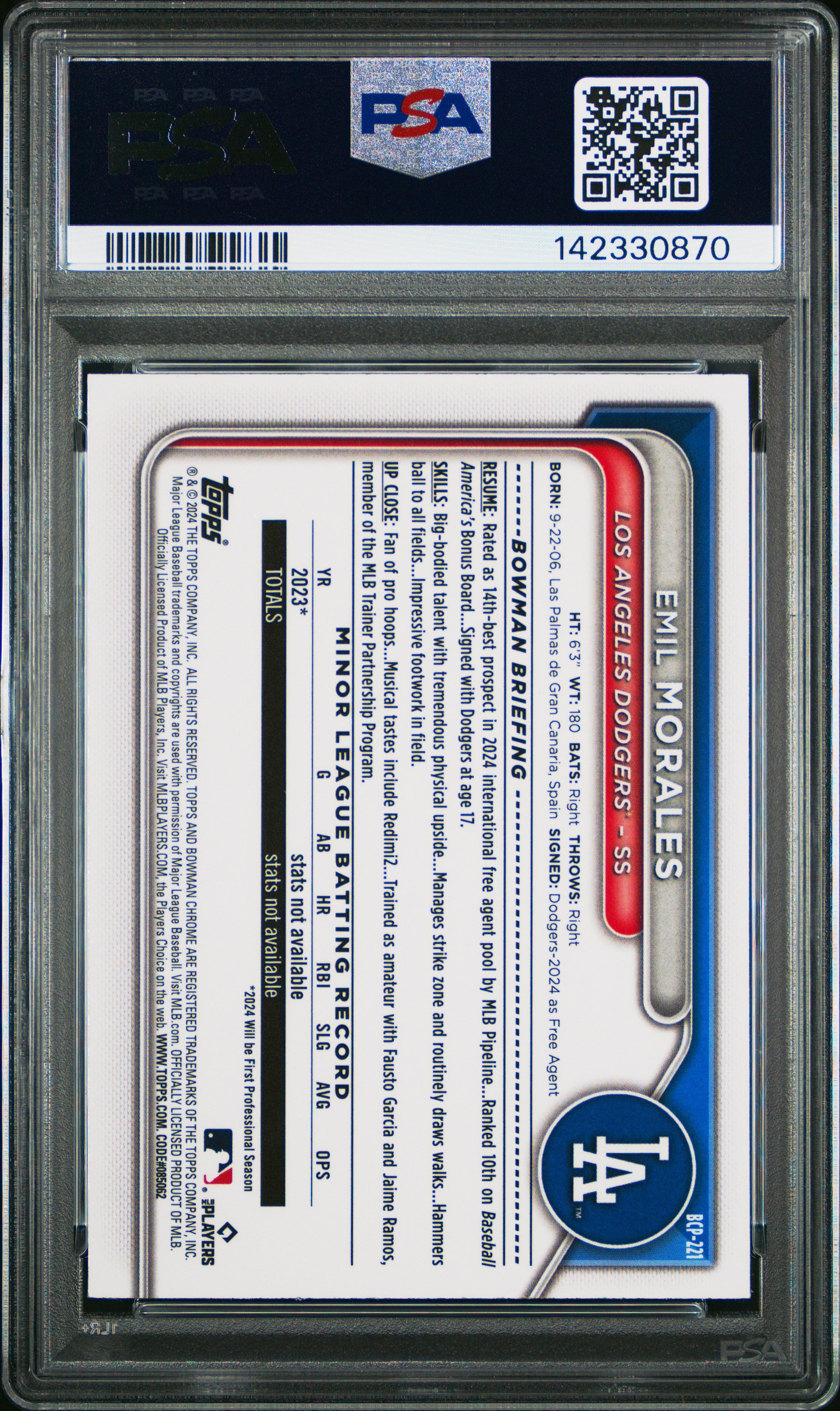 2024 Bowman Chrome Prospects Emil Morales Aqua Refractor 021/125 PSA 10 GEM MINT