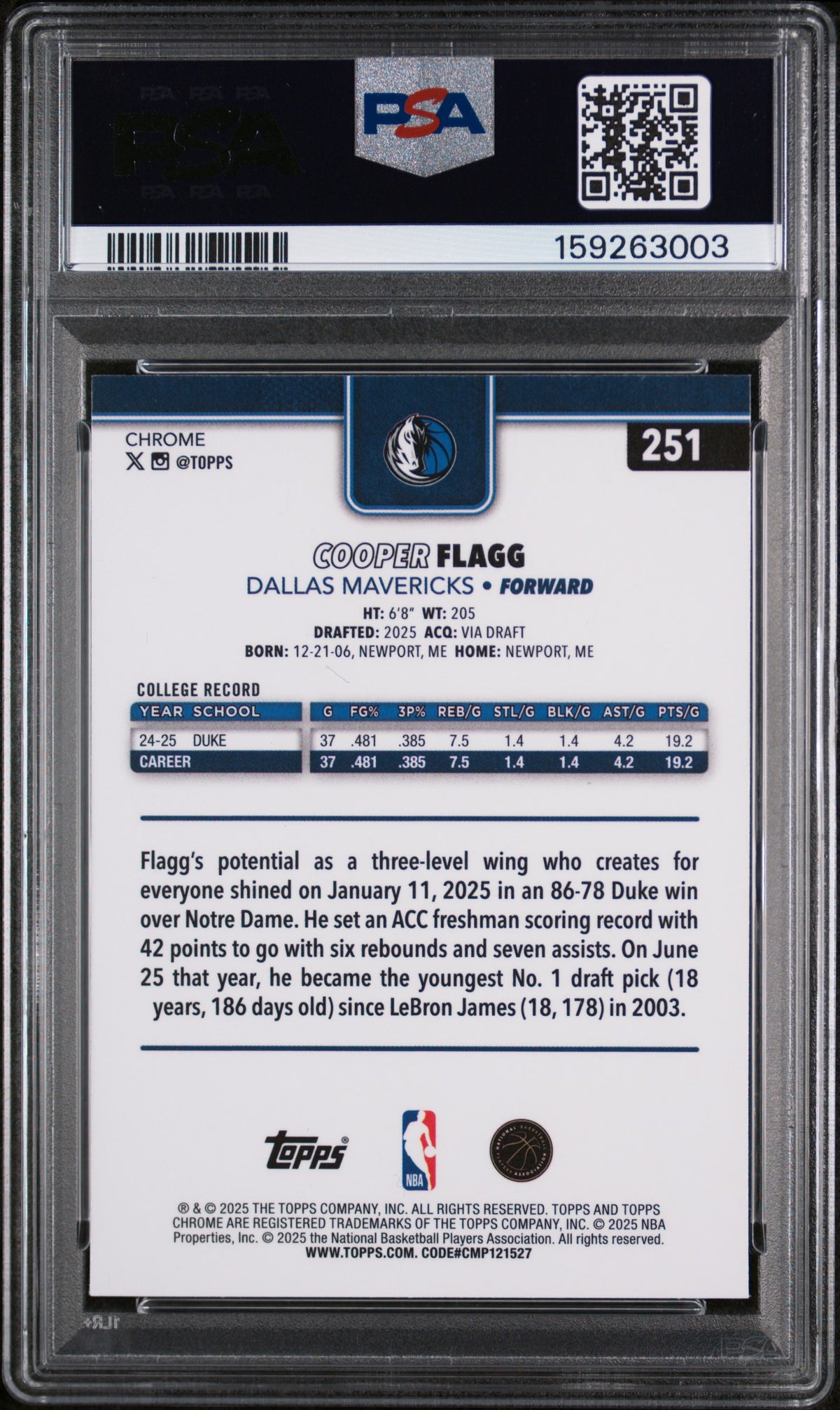 2025 Topps Chrome Cooper Flagg #251 PSA 10