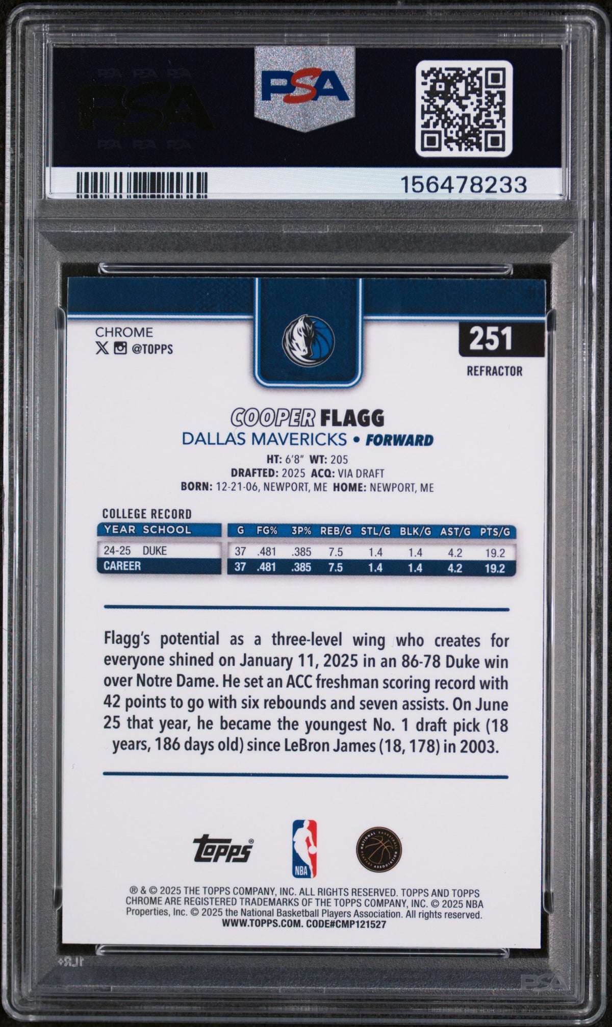 2025 Topps Chrome Cooper Flagg Refractor Rookie #251 PSA 8 Dallas Mavericks
