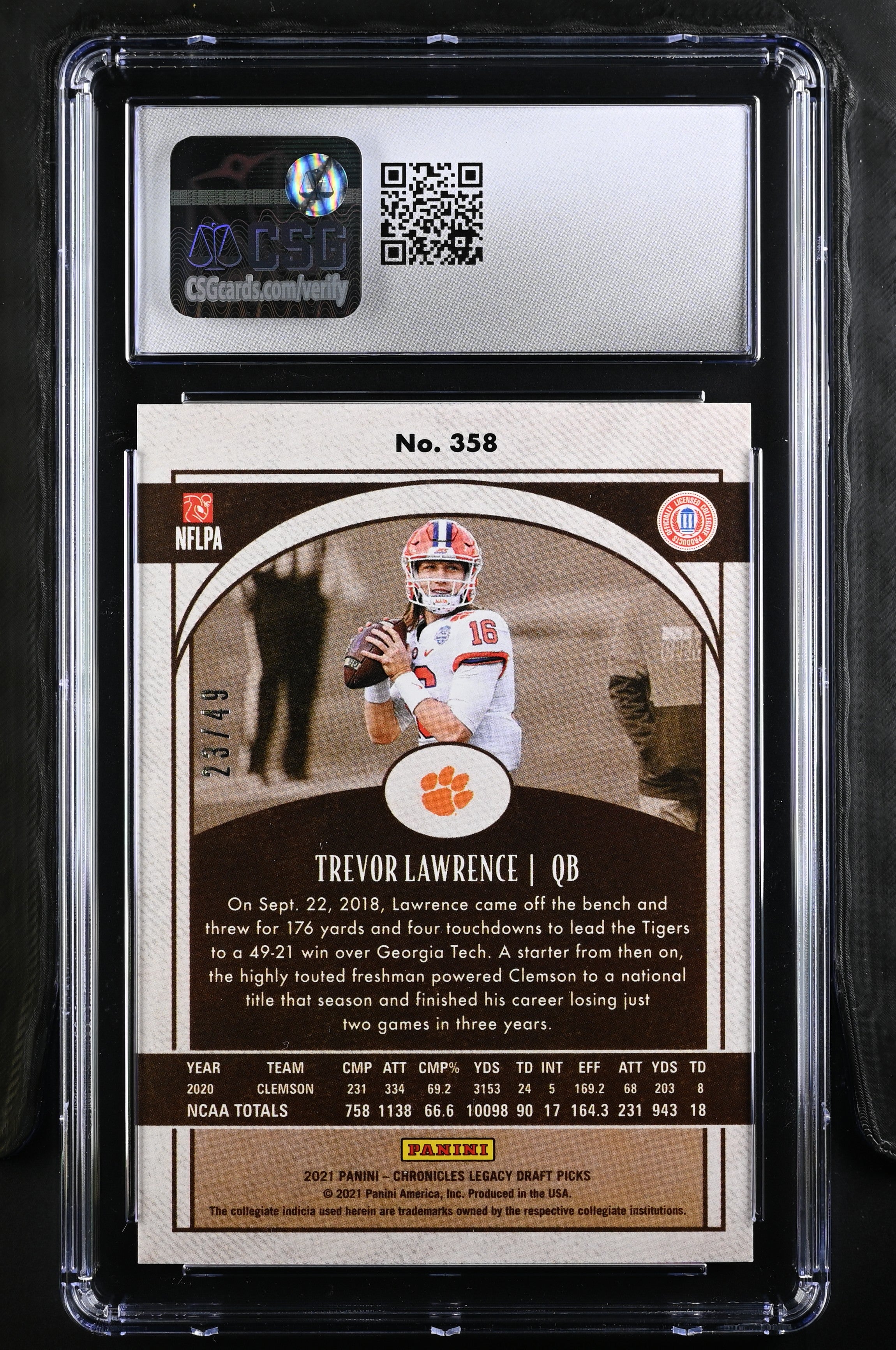 2021 Panini Chronicles Draft Trevor Lawrence Purple 23/49 Rookie Legacy CGC 9.5