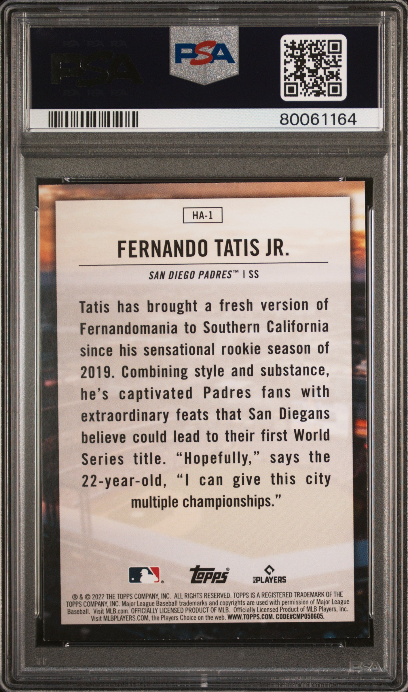 2022 Topps Home Field Advantage Fernando Tatis JR. Short Print PSA 9 MINT Padres