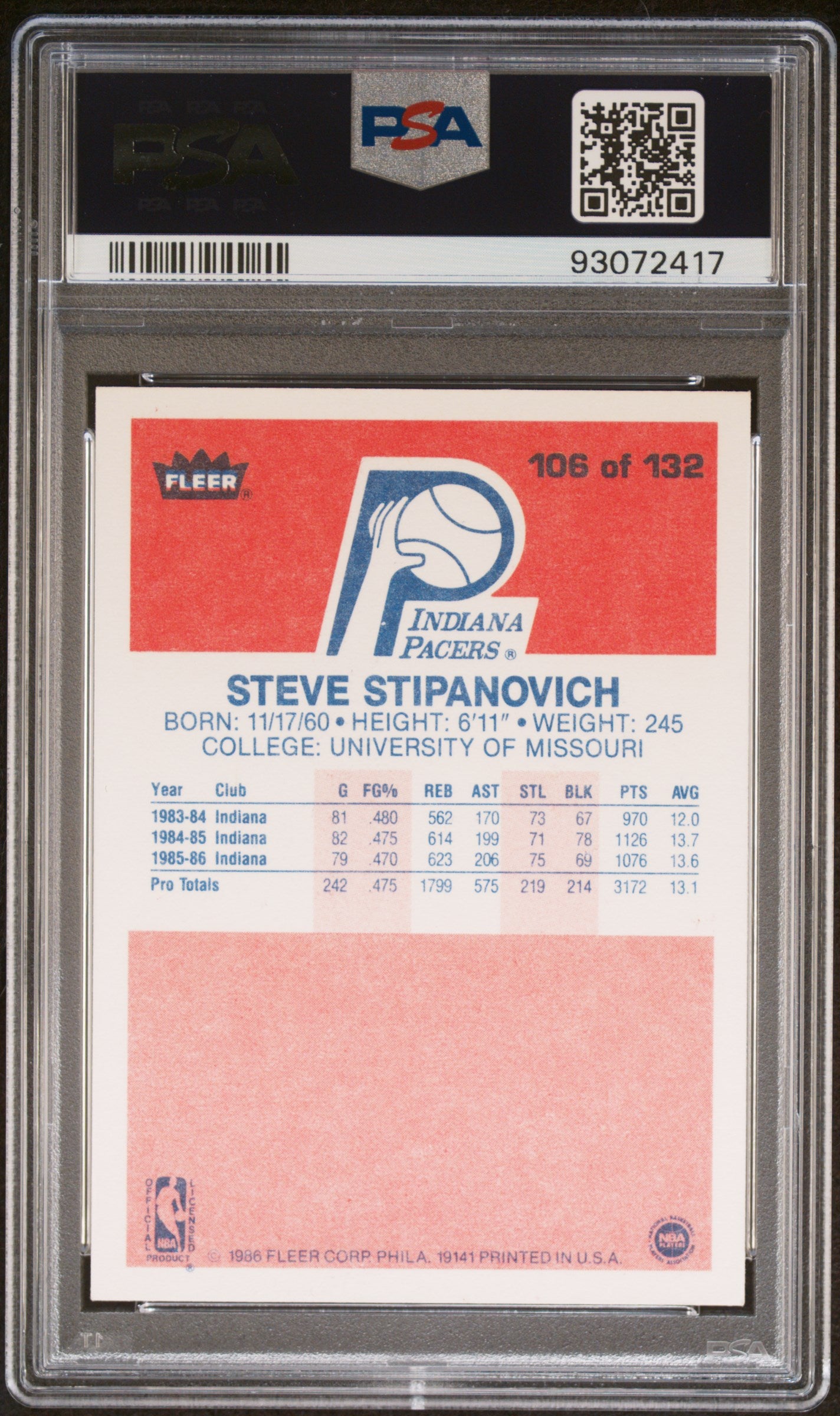 1986 Fleer Steve Stipanovich #106 PSA 8