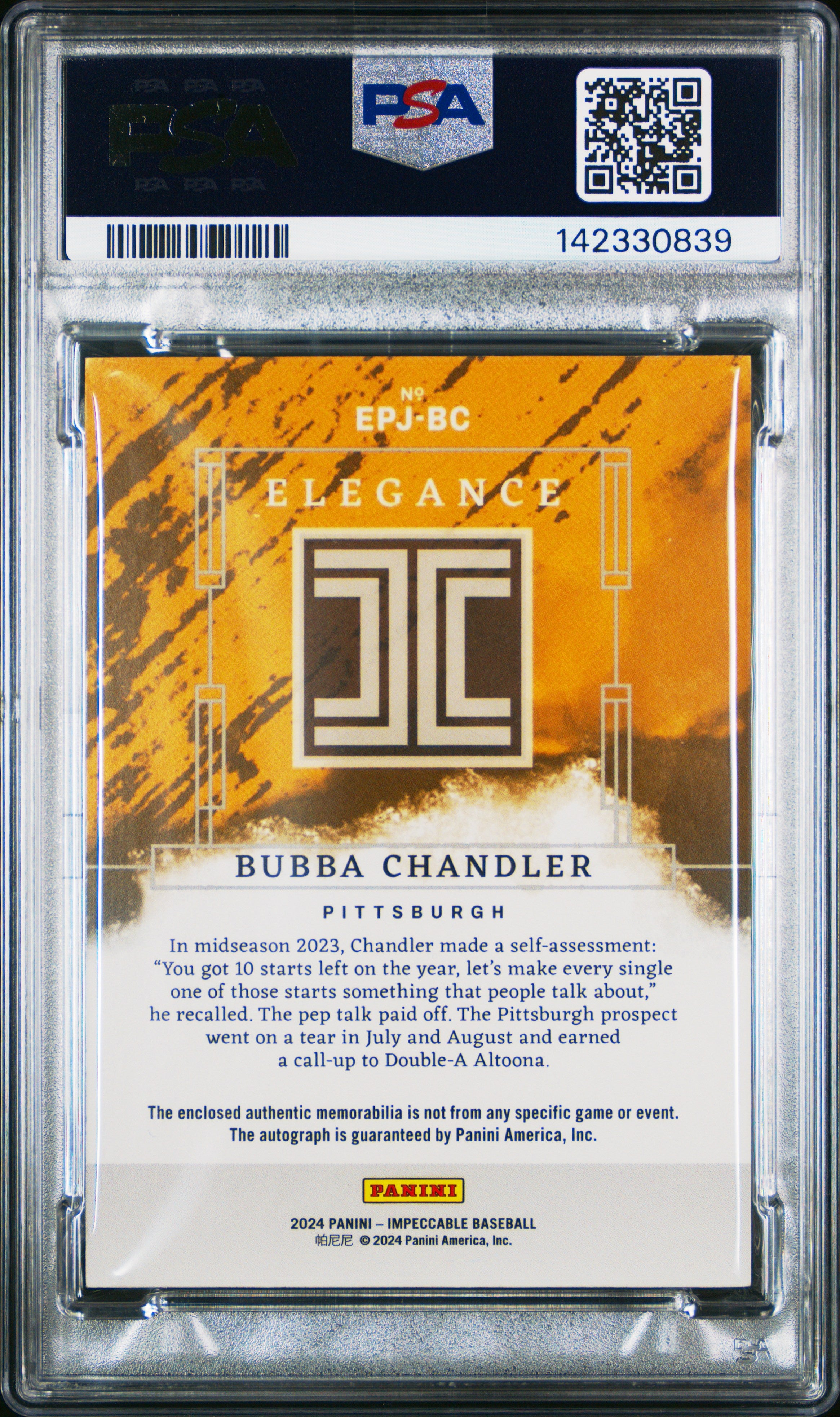 2024 Panini Impeccable Elegance Autographs Bubba Chandler 06/25 PSA 9 MINT