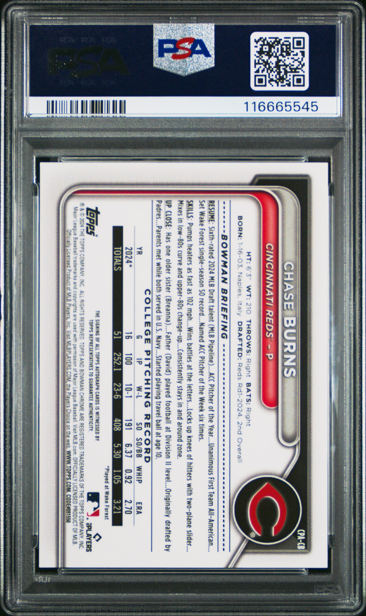 2024 Bowman Draft Chrome 1st Auto Chase Burns Blue Wave 025/150 #CPACB PSA 9