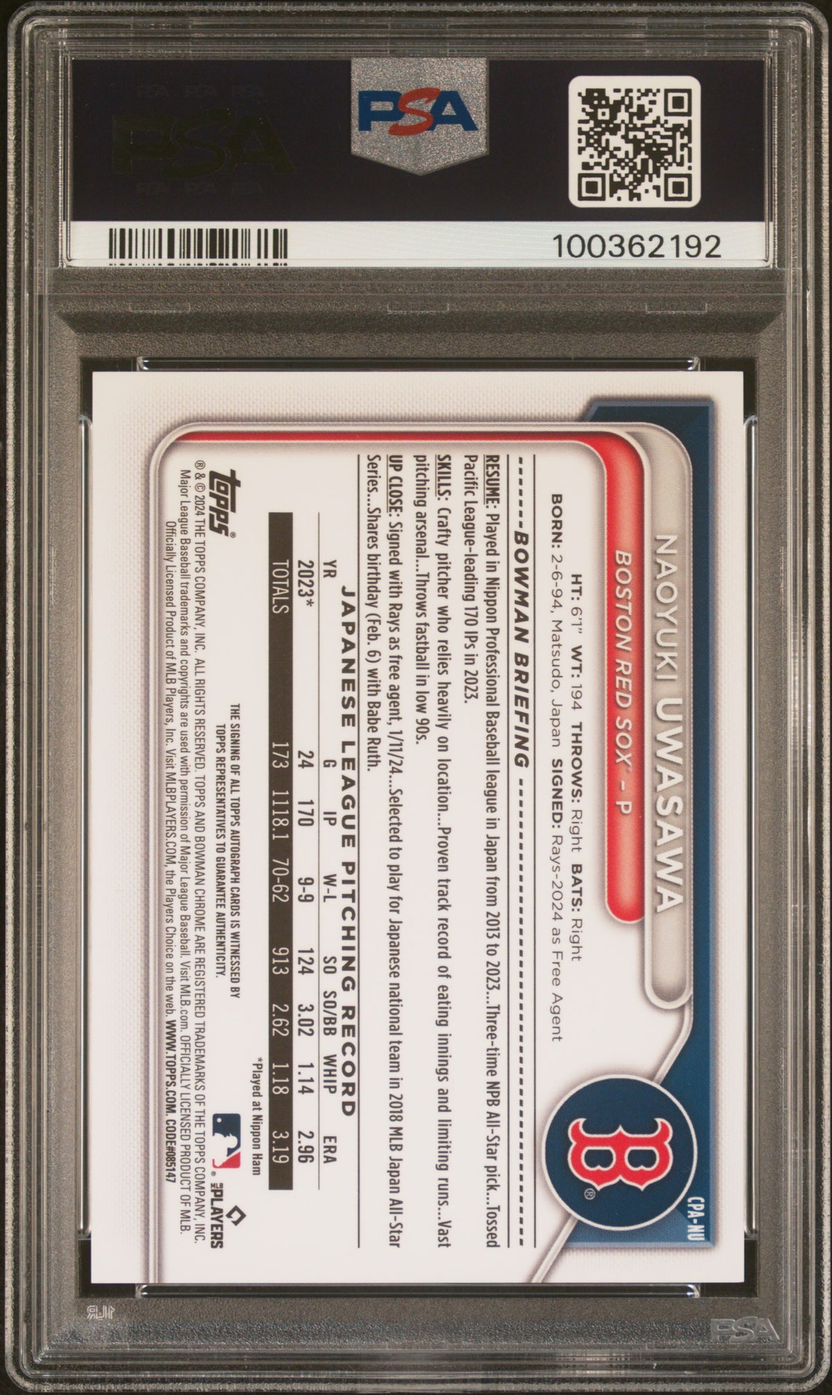 2024 Bowman Chrome Prospect Autographs Naoyuki Uwasawa Green Lava #CPANU PSA 9