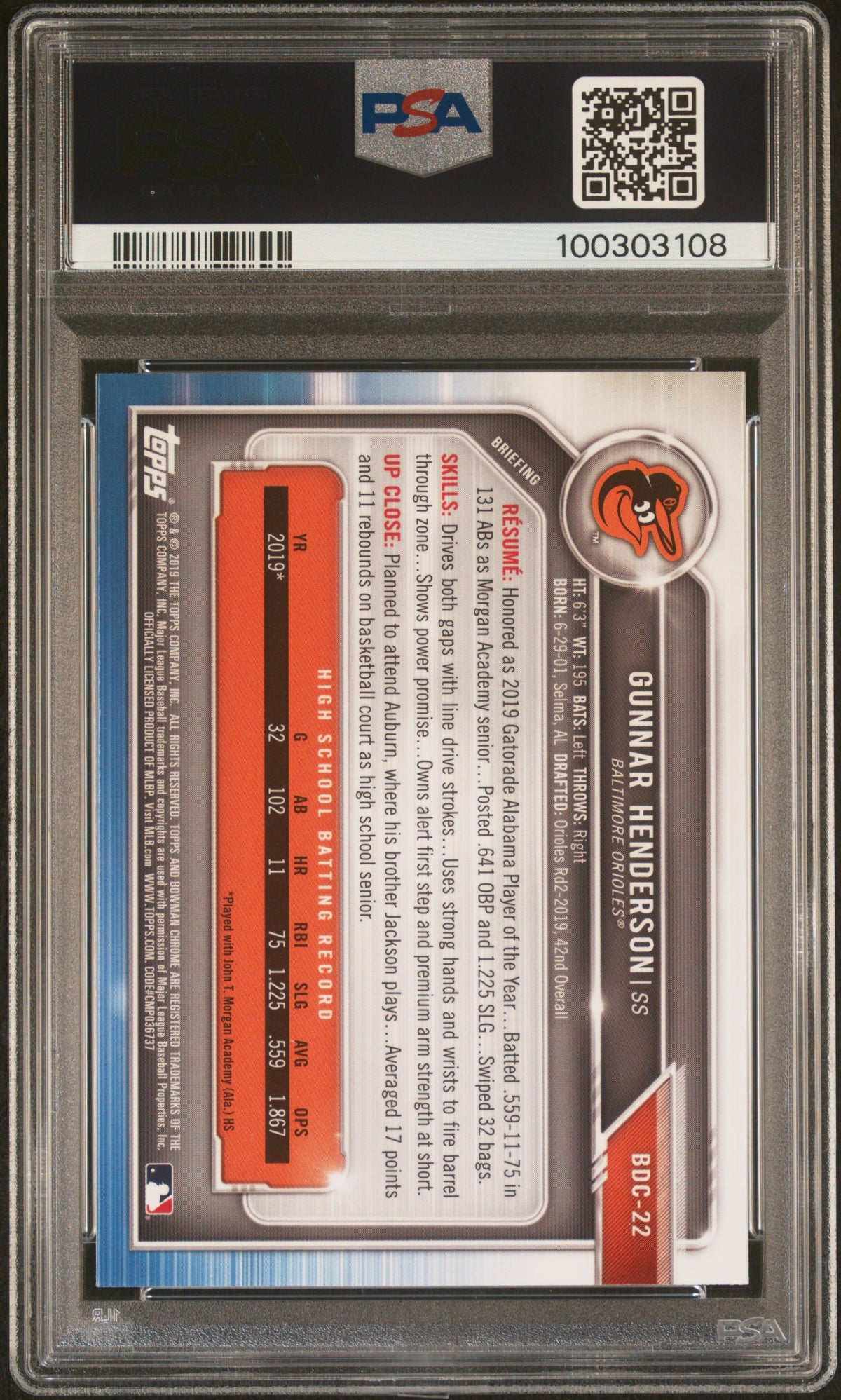 2019 Bowman Draft Gunnar Henderson Chrome Rookie #BDC22 PSA 10 GEM MINT