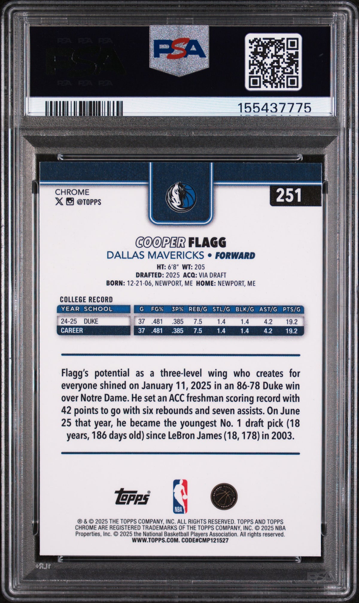 2025 Topps Chrome Cooper Flagg Rookie #251 PSA 10 Dallas Mavericks