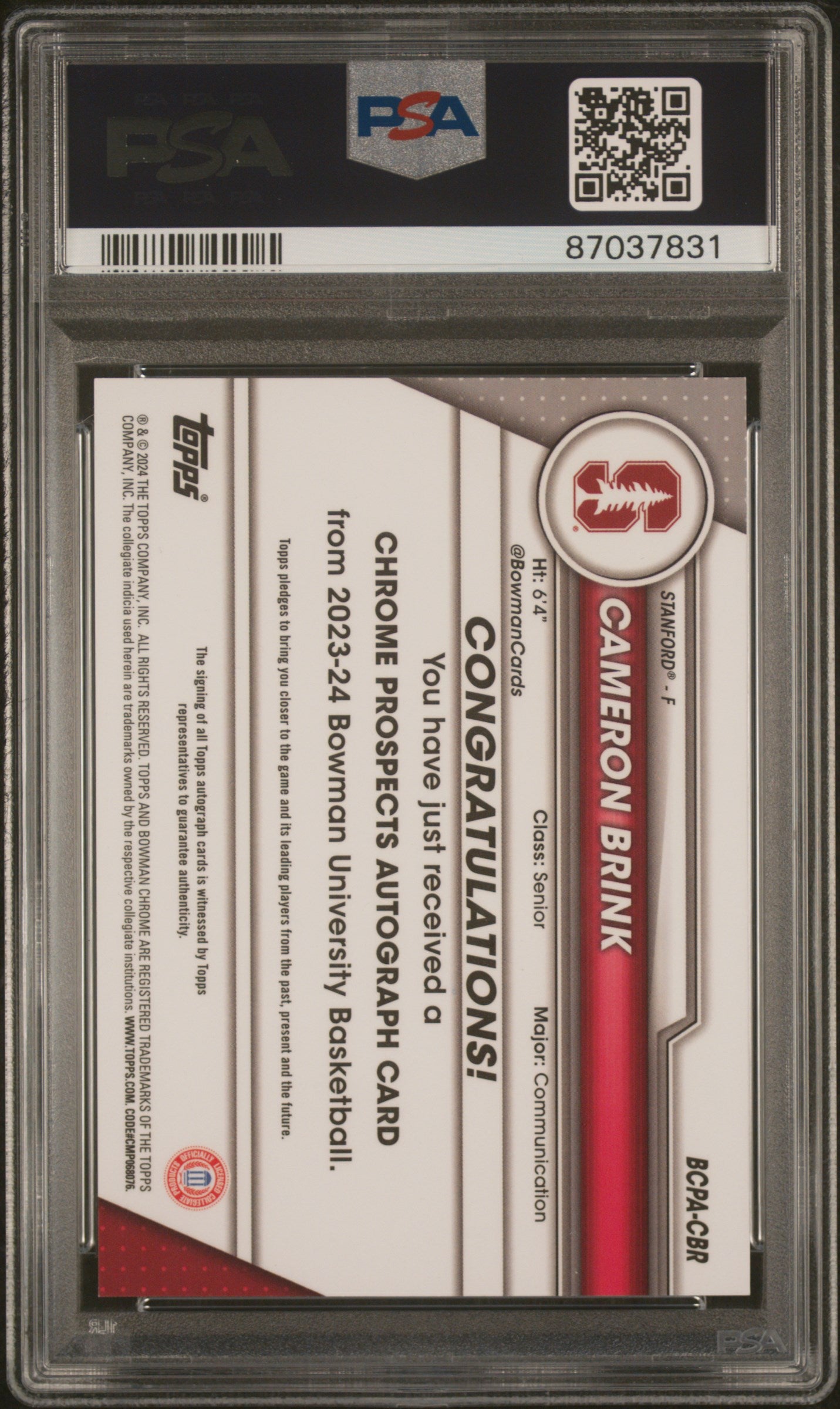 2023 Bowman University Chrome Prospects Autographs Cameron Brink #CBR PSA 10