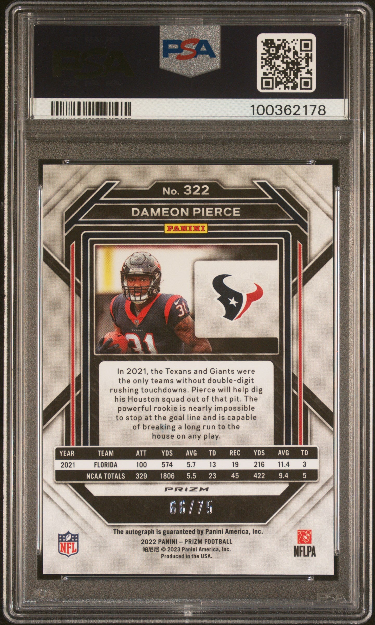 2022 Panini Prizm Dameon Pierce Autograph Green Scope #322 PSA 9