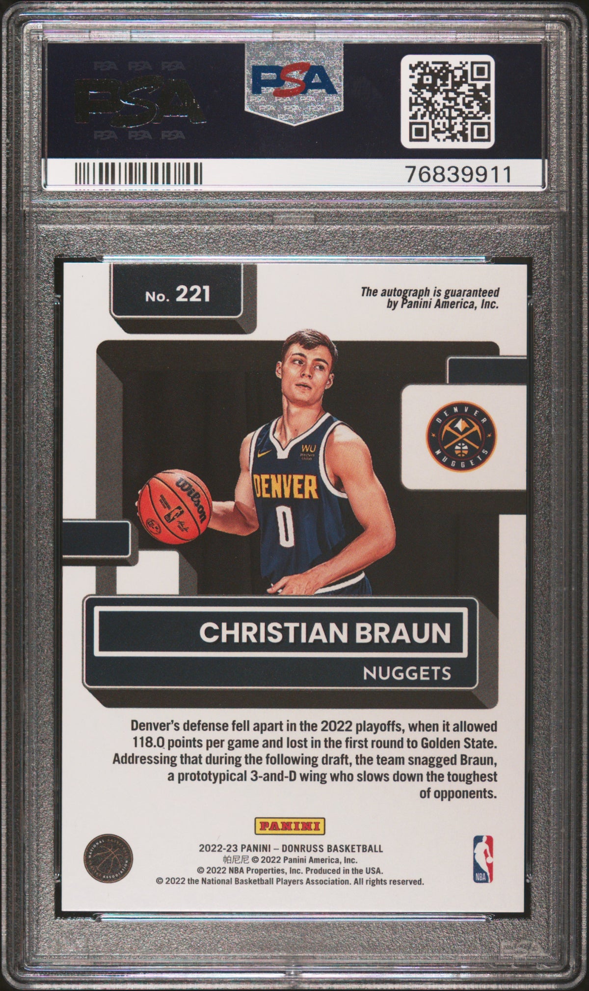 2022 Panini Donruss Christian Braun Rated Rookie SIG Choice #221 PSA 10