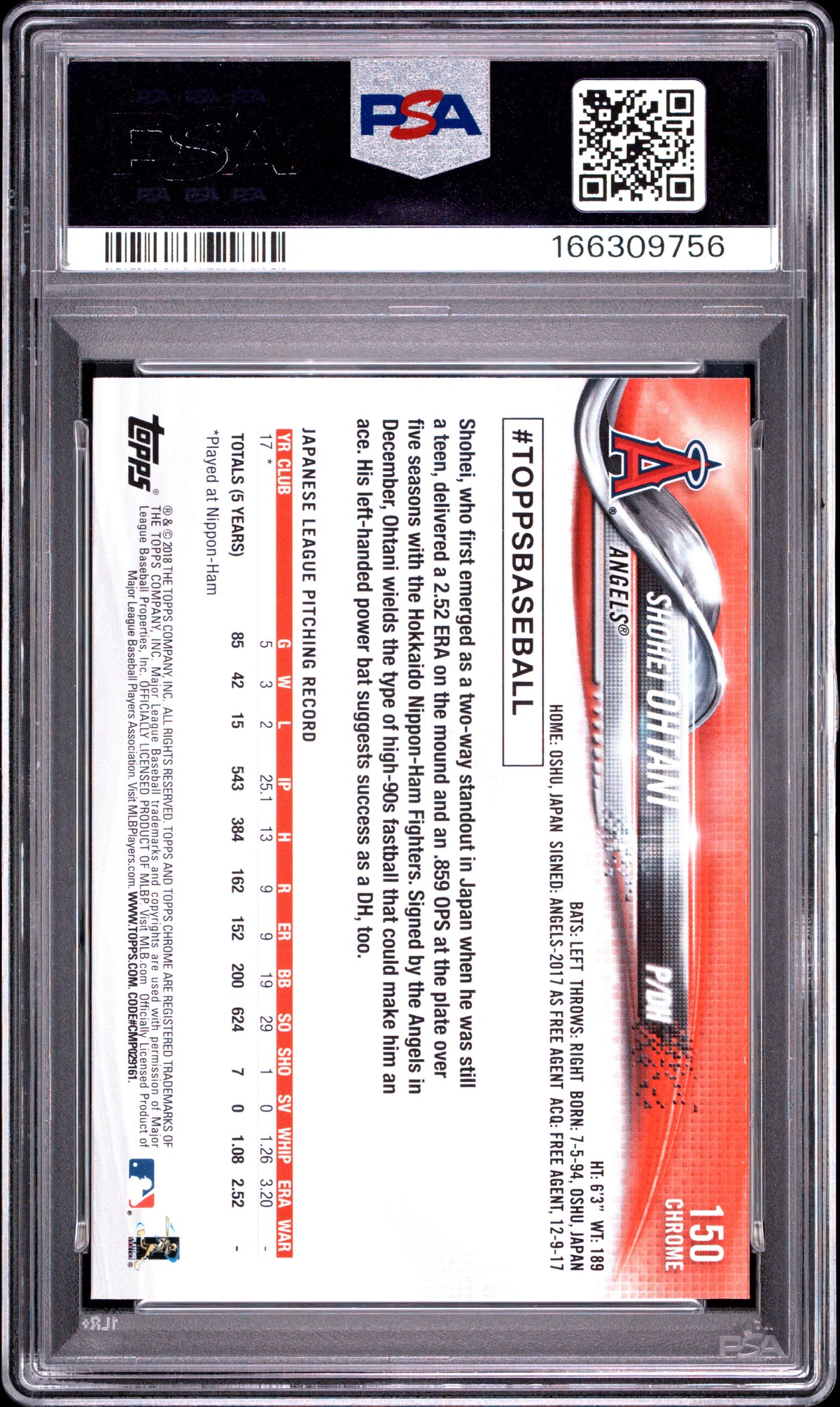 2018 Topps Chrome Shohei Ohtani Rookie #150 PSA 10 Los Angeles Angels