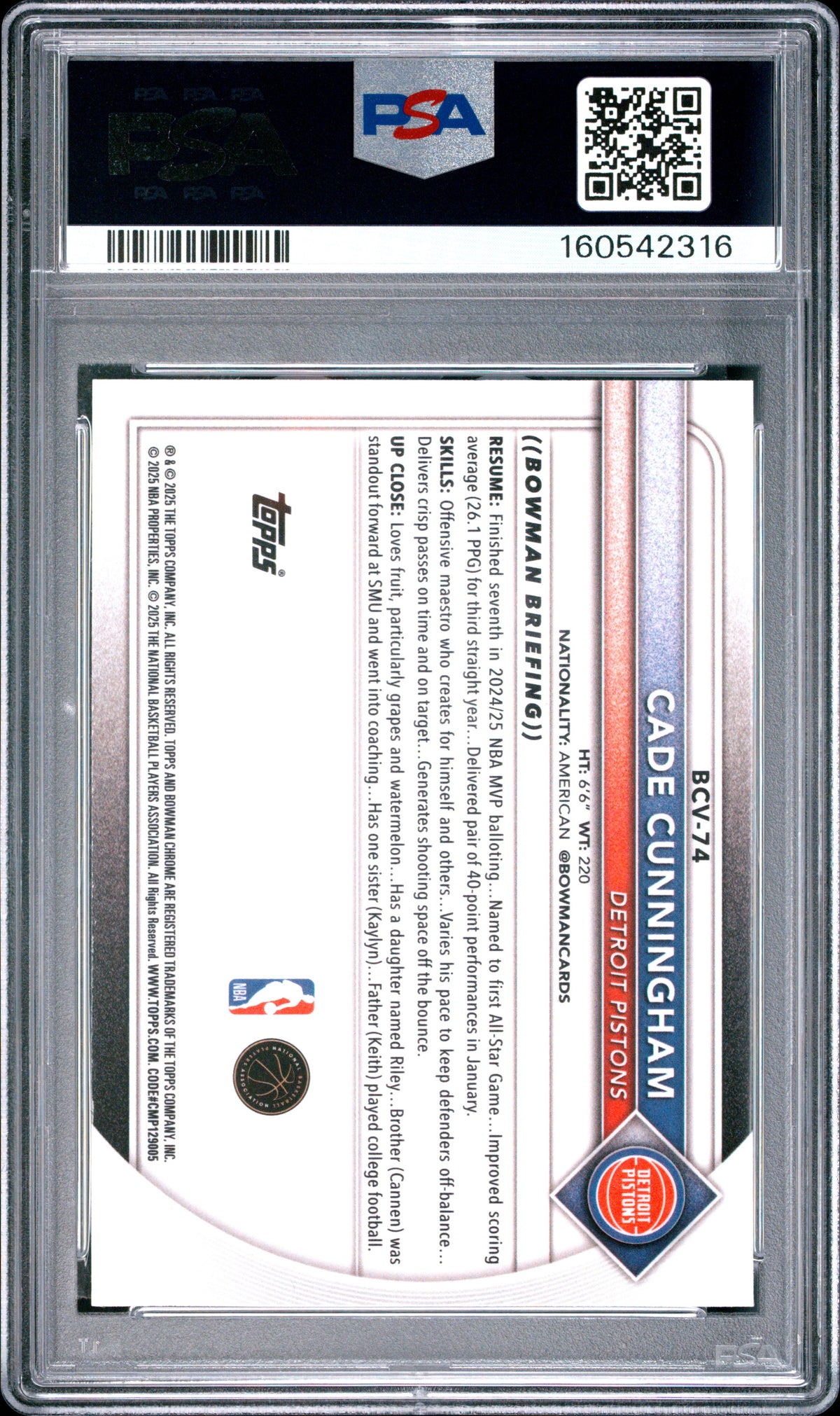 2025 Bowman Cade Cunningham Chrome Reptilian Refractor #BCV-74 PSA 10