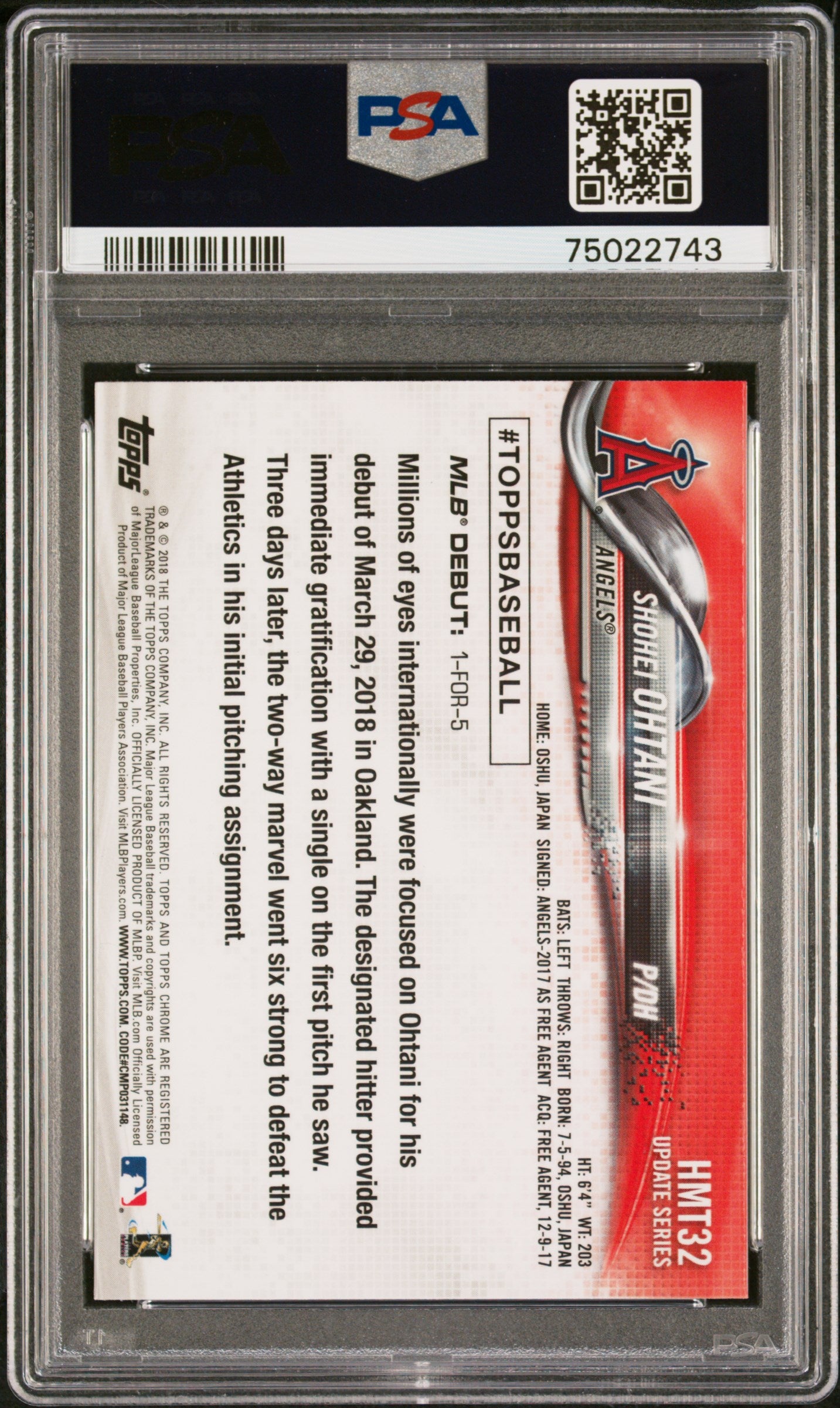 2018 Topps Chrome Update Shohei Ohtani Batting #HMT32 PSA 9 Anaheim Angels